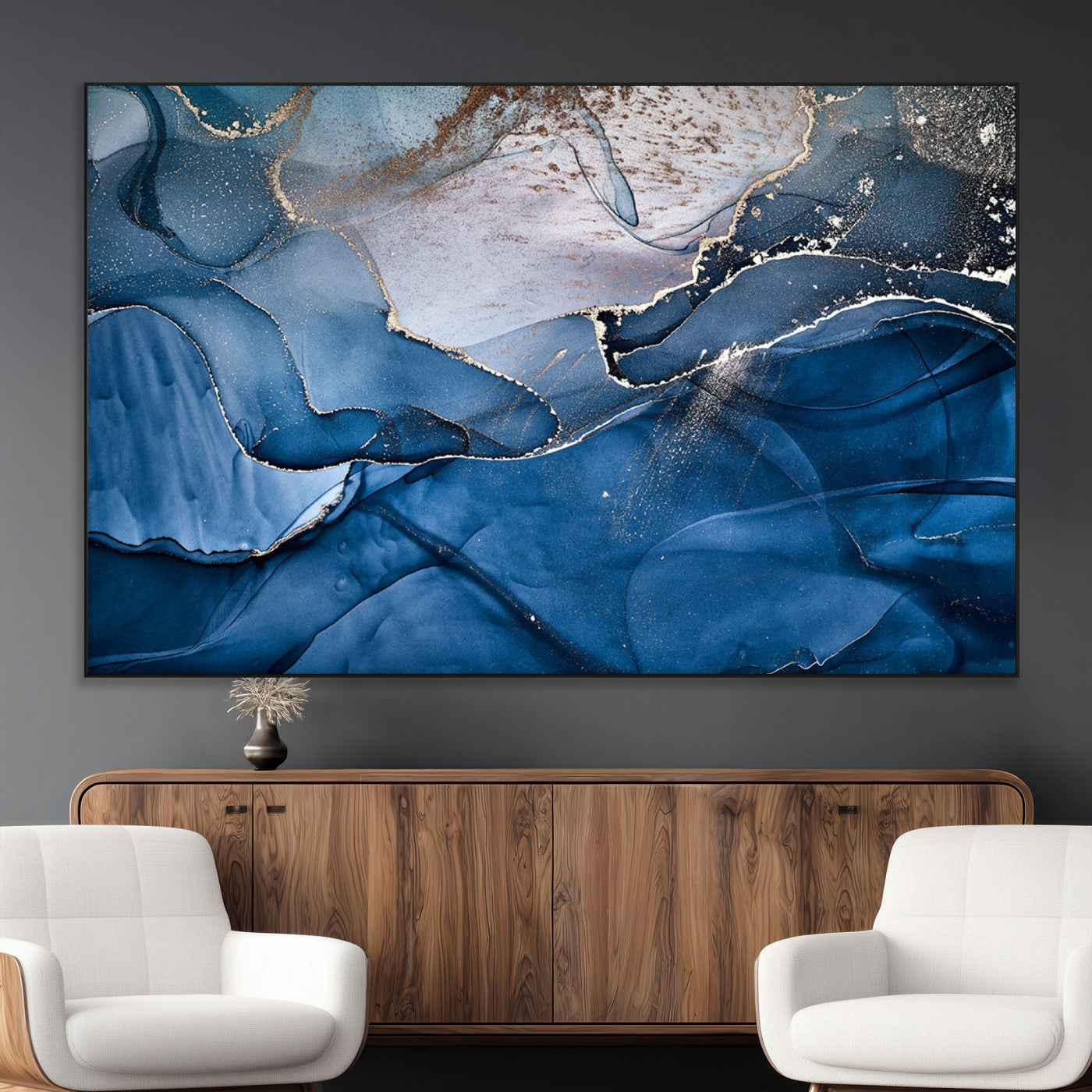 -Navy Blue Canvas Art Abstract Print – Elegant Triptych Modern Art Print – Contemporary Decor for Living Room or Office