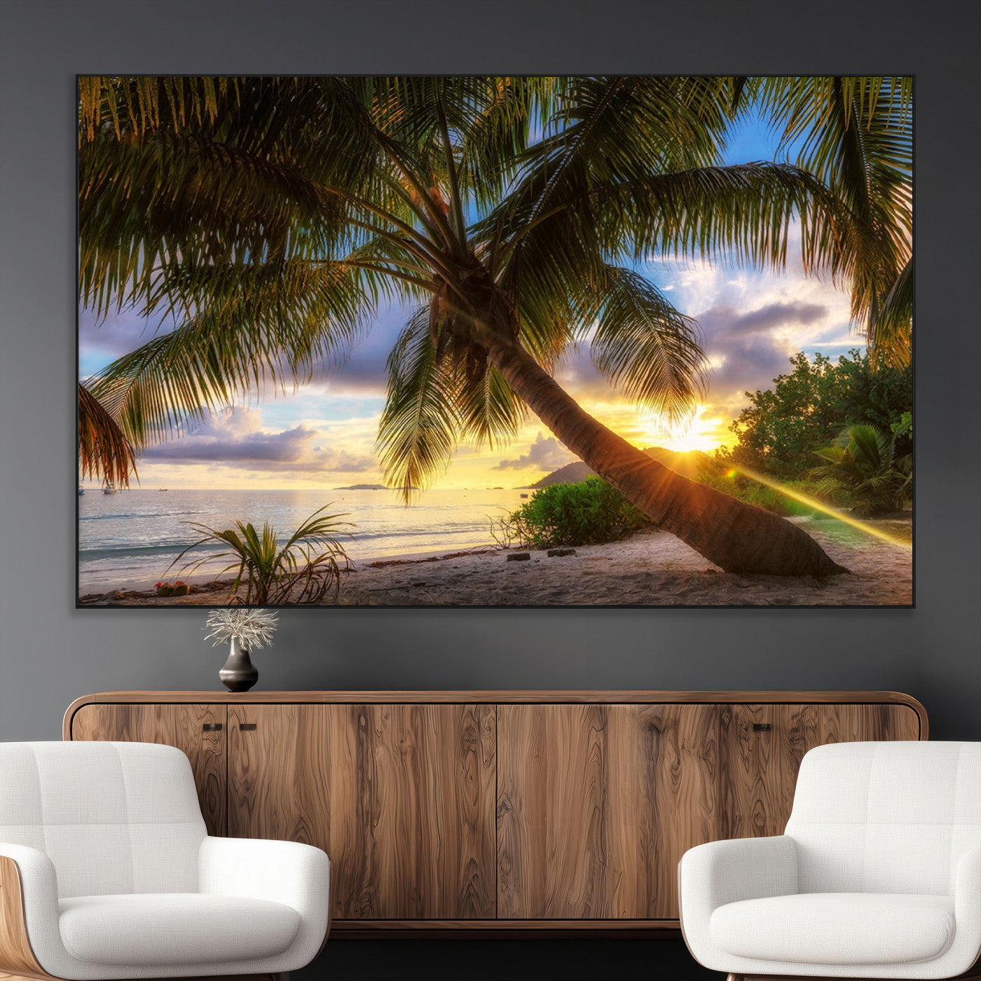 SEG-FC-51X34_Oversize - Tropical Island Sunset on the Beach Palms Wall Art Canvas Print