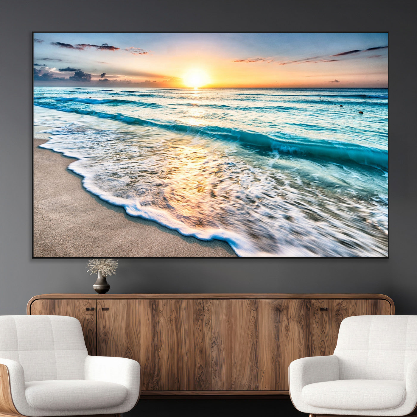 SEG-FC-51X34_Oversize - Sunset Beach Waves Canvas Wall Art – 5-Panel Ocean Sunset Print – Coastal Decor for Living Room or