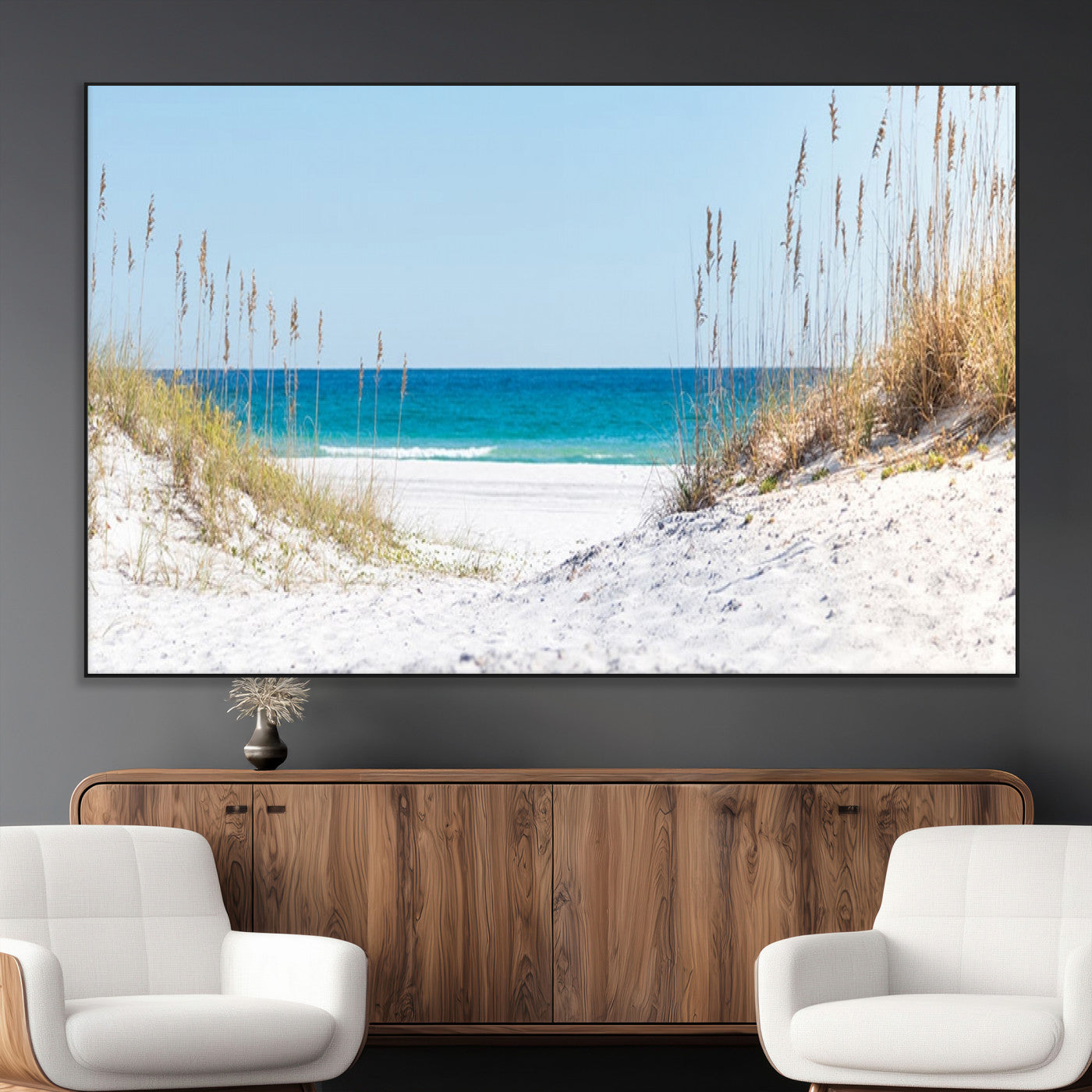 SEG-FC-51X34_Oversize - Serene Coastal Dune Path with Ocean View, 3-Panel Beach Canvas Wall Art, Tranquil Seascape Giclee