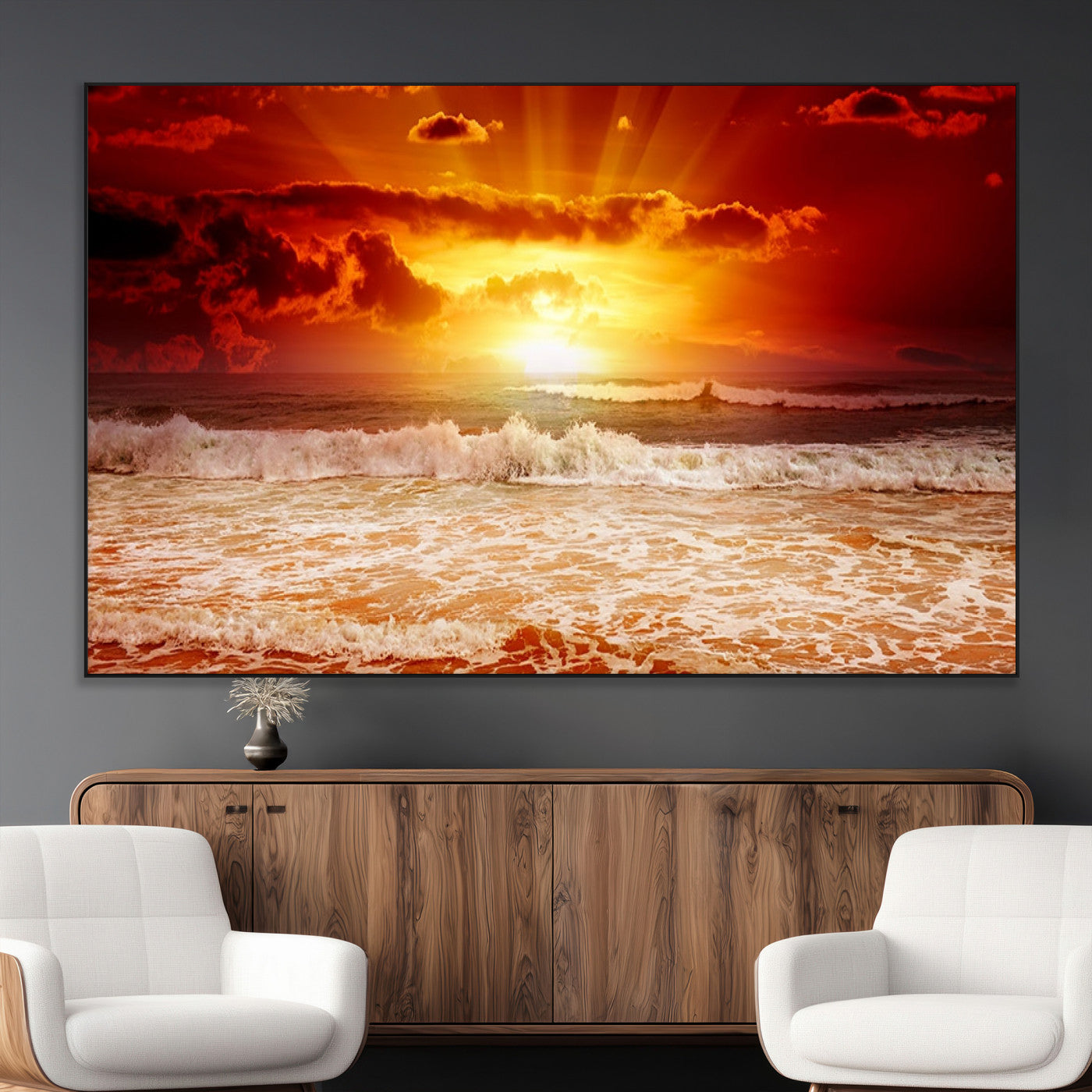 SEG-FC-51X34_Oversize - Red Sunset Ocean Beach Canvas Wall Art Beach Canvas, Coastal Sunset Print