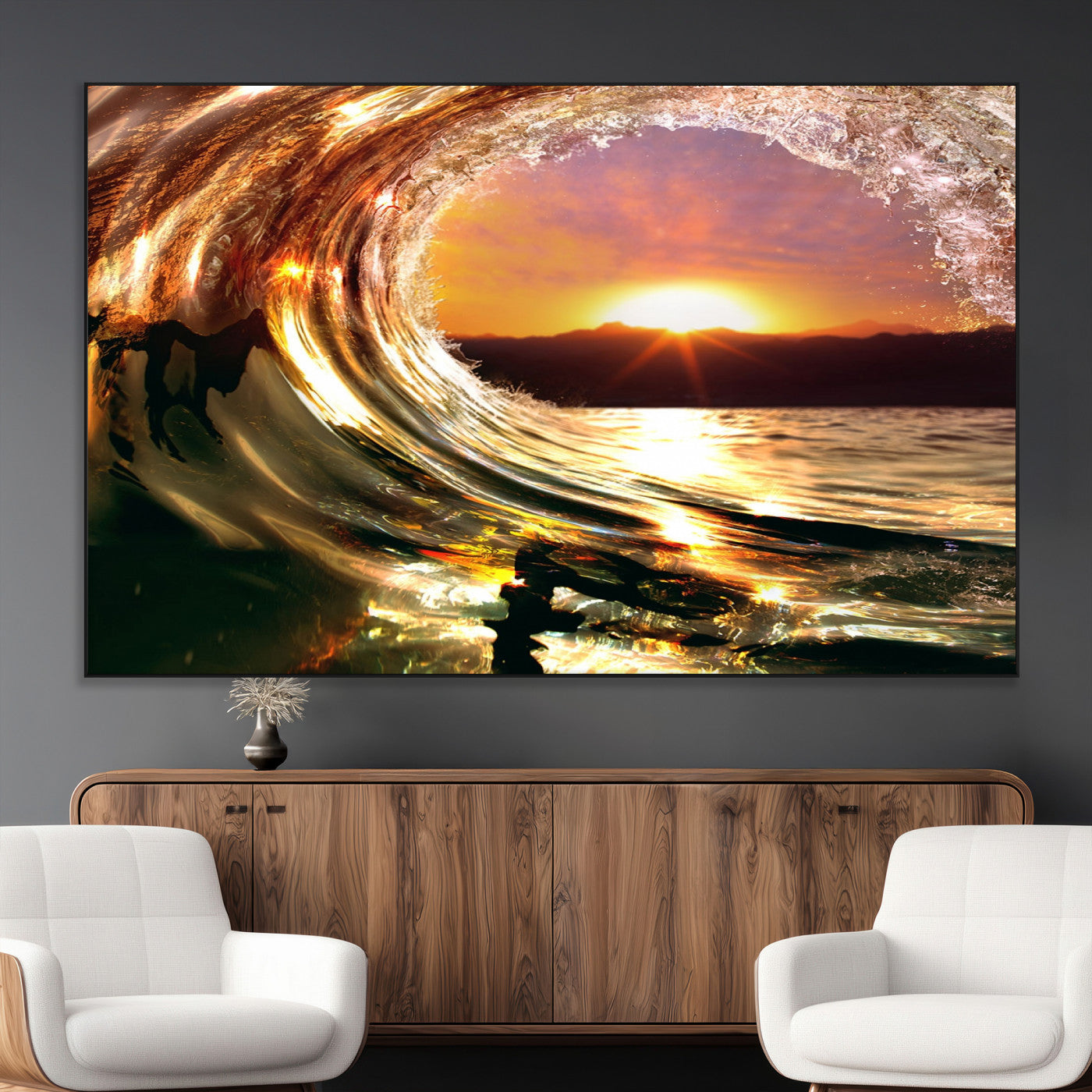 SEG-FC-51X34_Oversize - Golden Wave Sunset Triptych Canvas Art, Giclee Canvas Print of Ocean Wave and Sunset, Framed Ocean