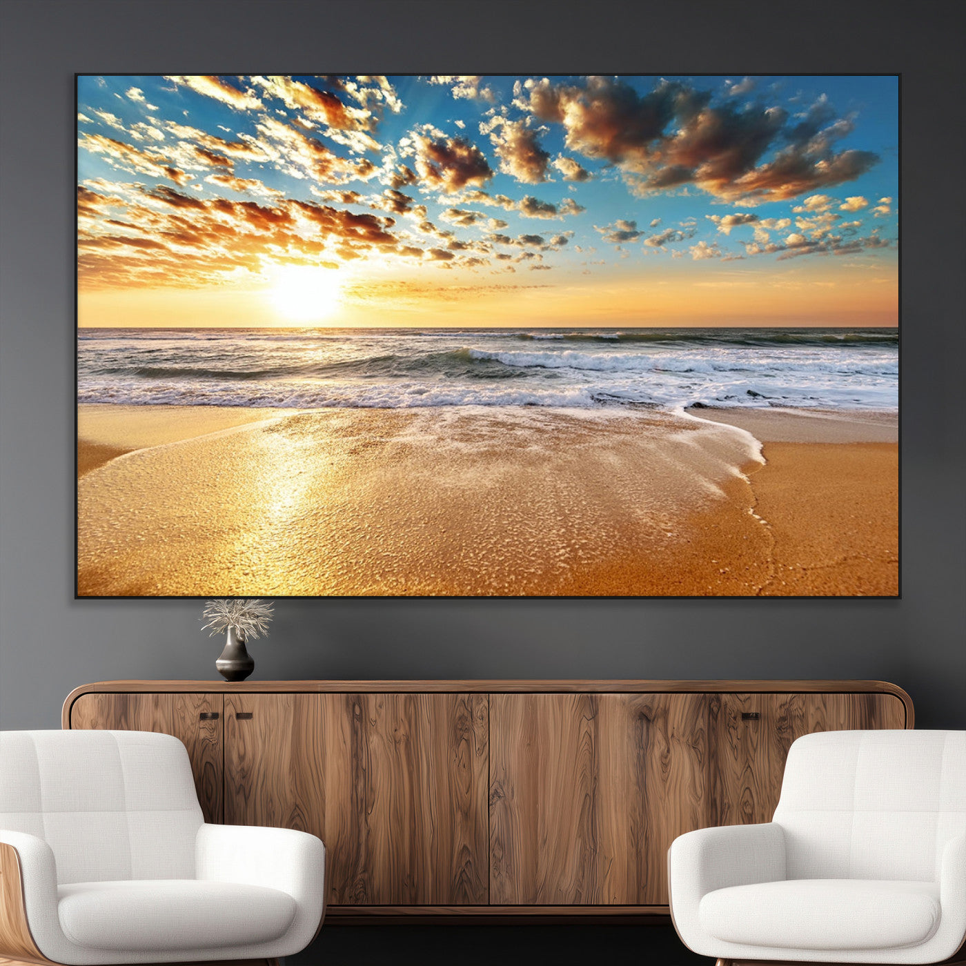 SEG-FC-51X34_Oversize - Golden Sunset Beach Print Canvas Wall Art, Giclee Canvas Print with Canon Print Quality, Triptych