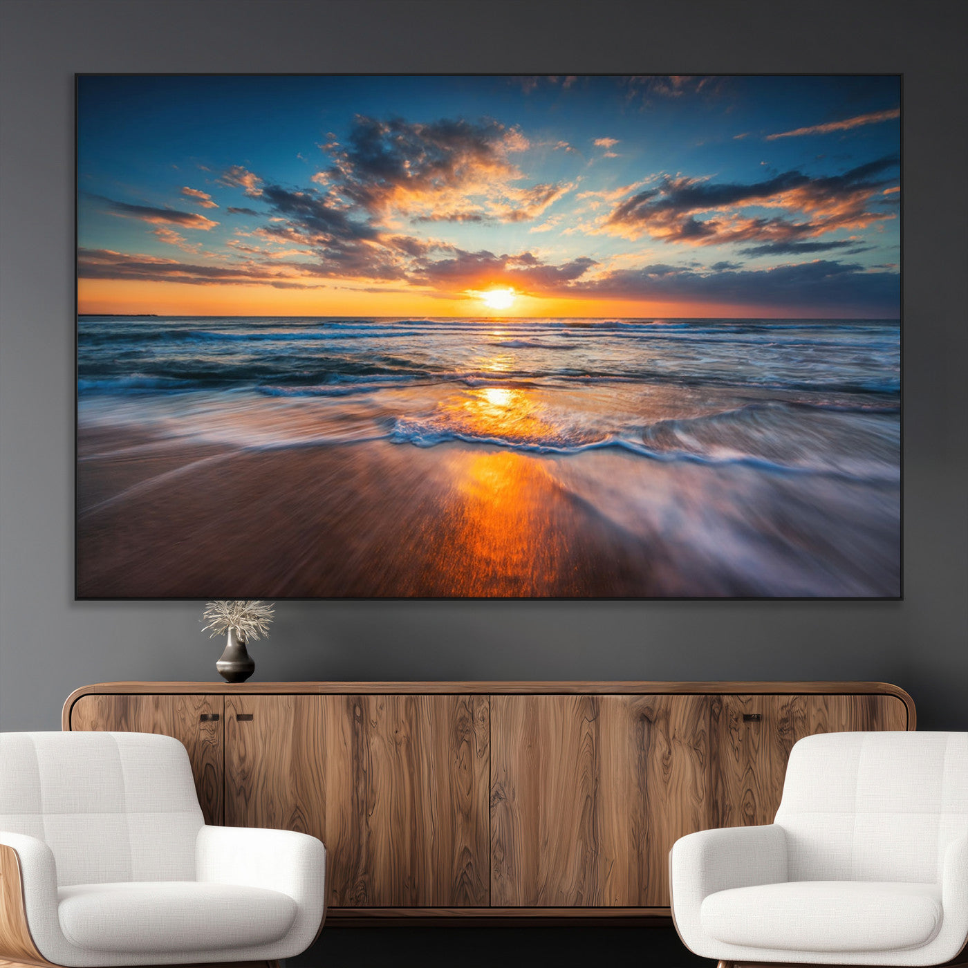 SEG-FC-51X34_Oversize - Sunset on the Ocean Beach with Waves, Reflections on Sand, Coastal Wall Art Print, Beach Wall Art,