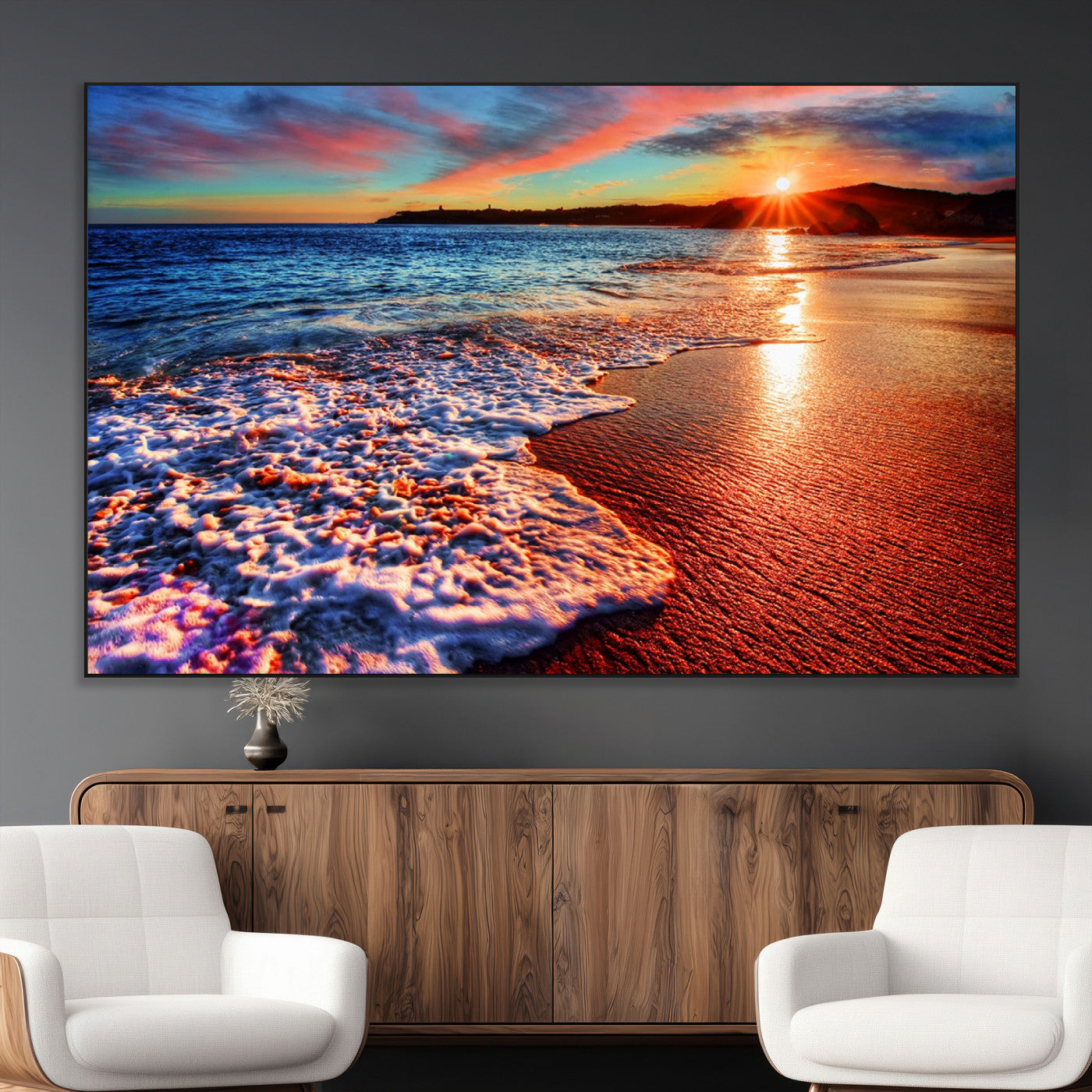 SEG-FC-51X34_Oversize - Colorful Coastal Sunset on the Beach Canvas Print, Ocean Waves Crashing at Dusk, Multi-Panel