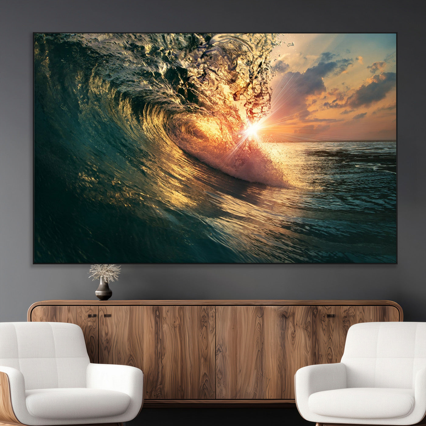 SEG-FC-51X34_Oversize - Ocean Wave Sunset Canvas Wall Art – Triptych Seascape Print – Framed and Ready to Hang for Living