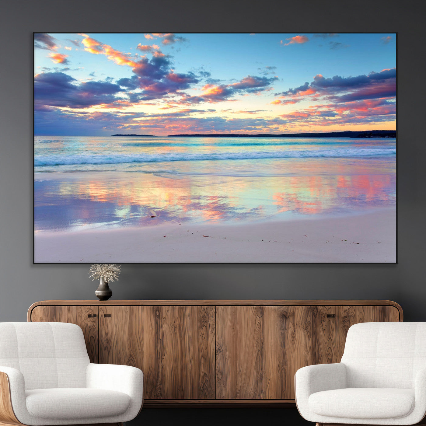 SEG-FC-51X34_Oversize - Tranquil Pastel Sunset Beach Triptych Canvas Art, Soothing Coastal Ocean Shoreline Giclee Print,