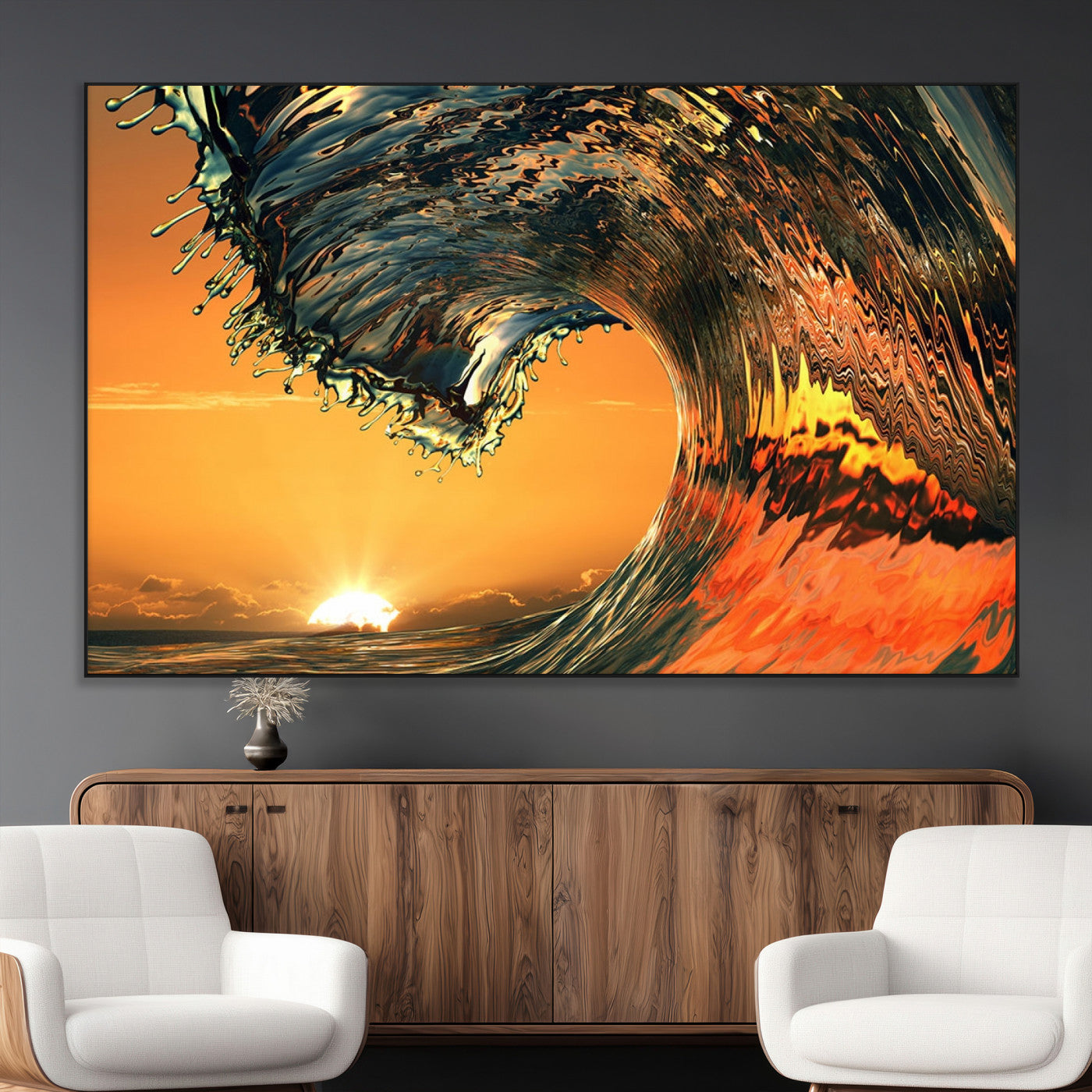 -Surf Wave Sunset Canvas Wall Art Print, 3-Panel Ocean Coastal Wall Art Print, Ocean Decor for