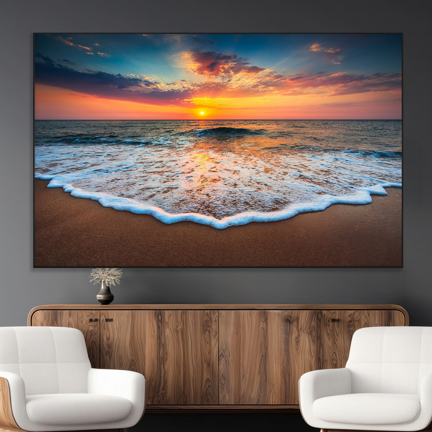 SEG-FC-51X34_Oversize - Sunset Beach Canvas Wall Art – Colorful Ocean Waves Triptych – Coastal Decor for Living Room or
