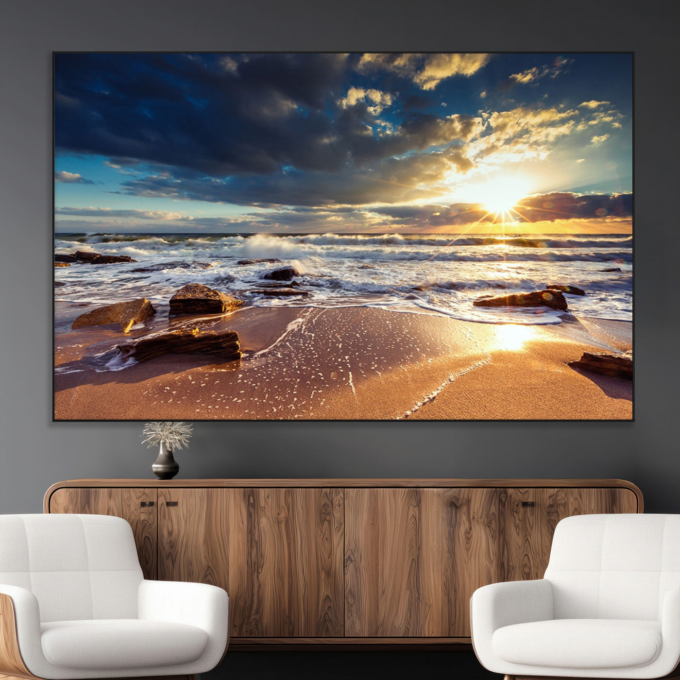 SEG-FC-51X34_Oversize - Golden Hour Beach Sunset Canvas Triptych, Ocean Waves and Rocks Wall Art for Coastal Home Decor