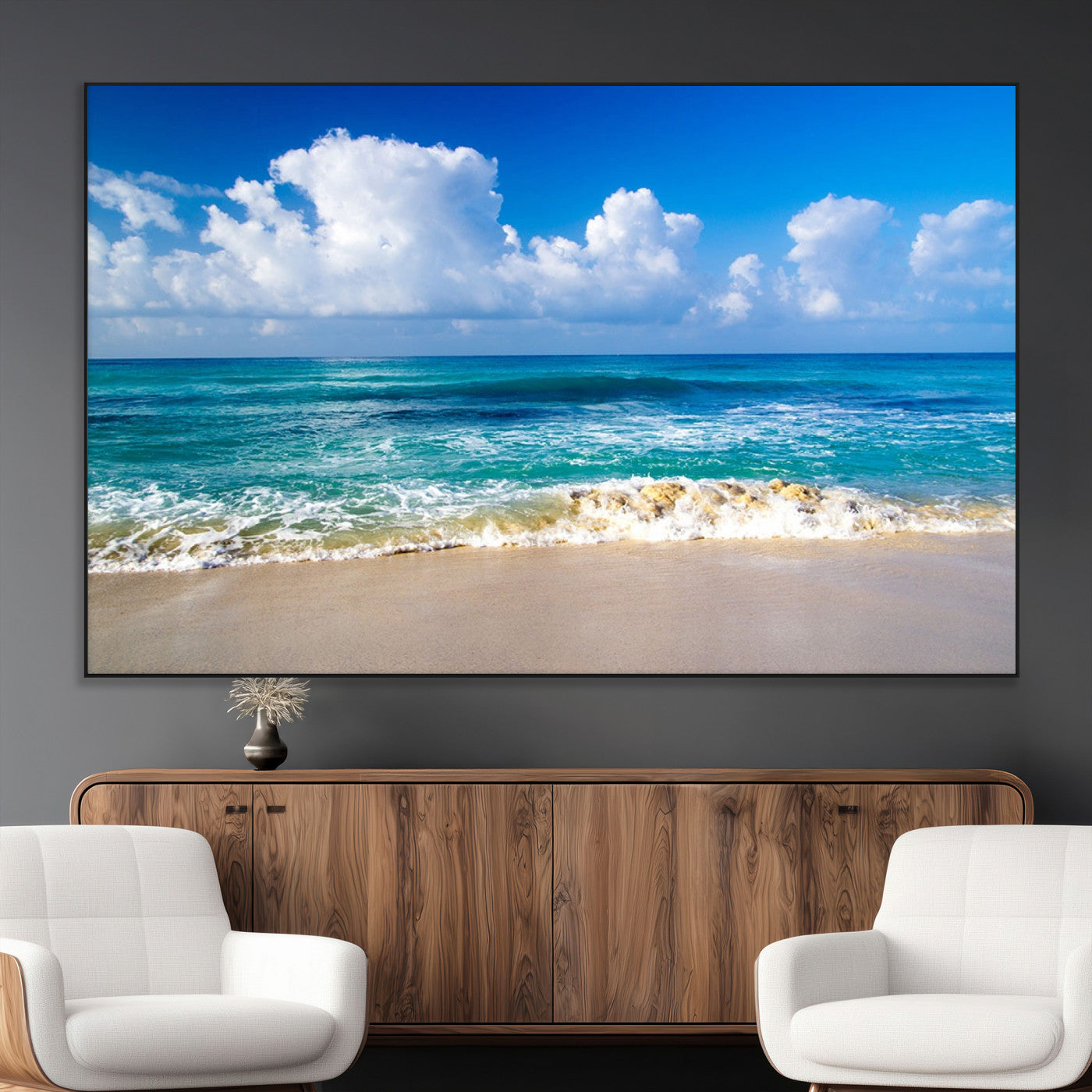 SEG-FC-51X34_Oversize - Tropical Beach 3-Panel Canvas Wall Art – Serene Ocean Waves and Blue Sky Wall Art Print