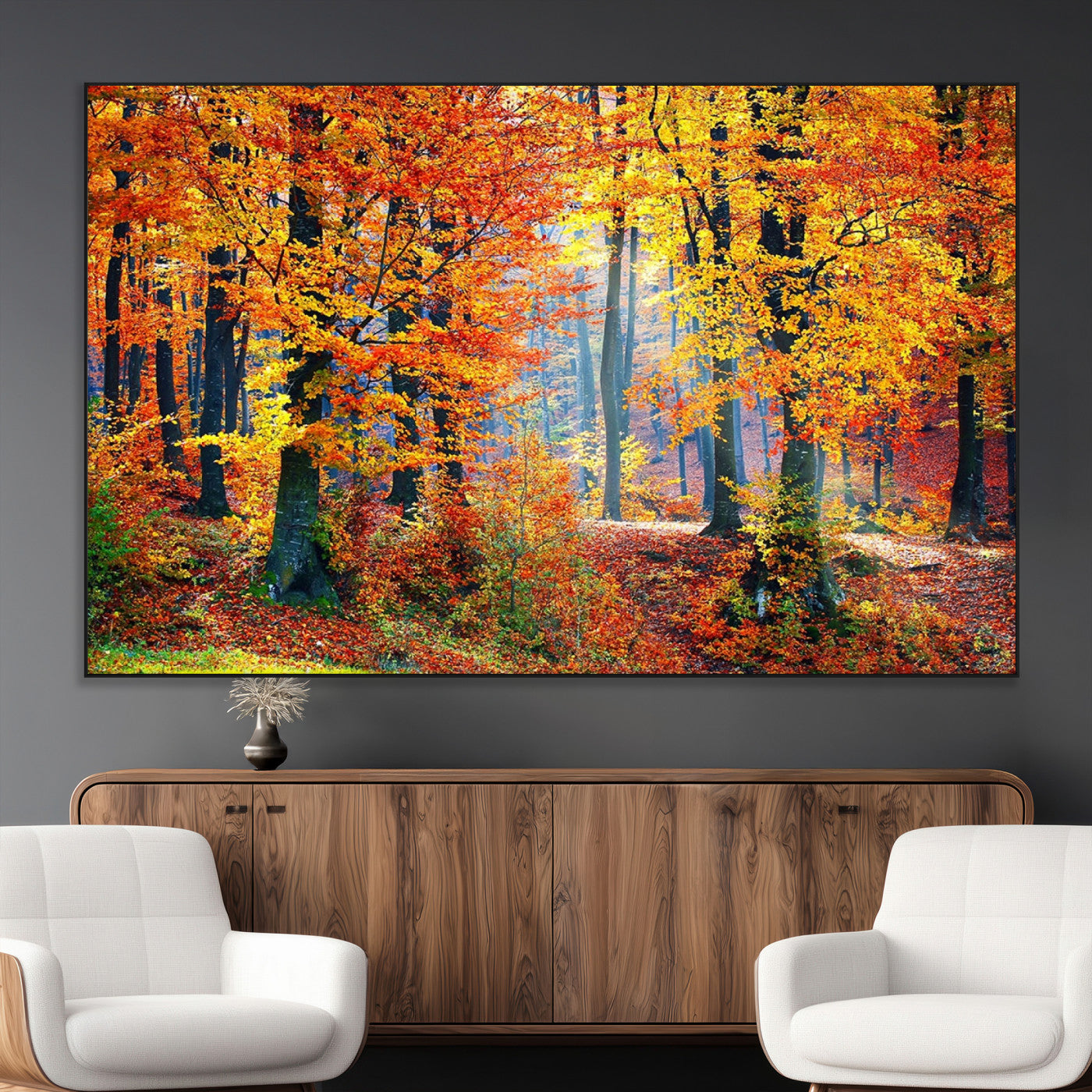 SEG-FC-51X34_Oversize - Autumn Red Forest Triptych Canvas Wall Art Print, Forest Wall Decor, Fall Landscape Art | Season