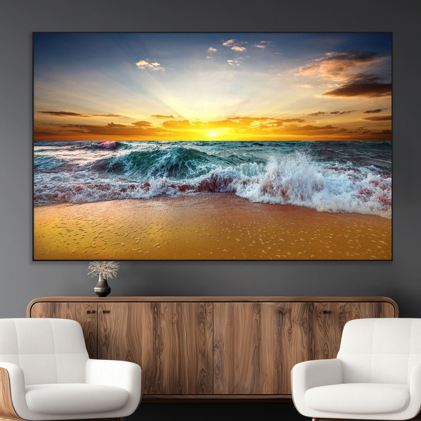-Golden Sunset Ocean Waves Wall Art Canvas Print – Multi Panel Beach Canvas Print Set – Large Coastal