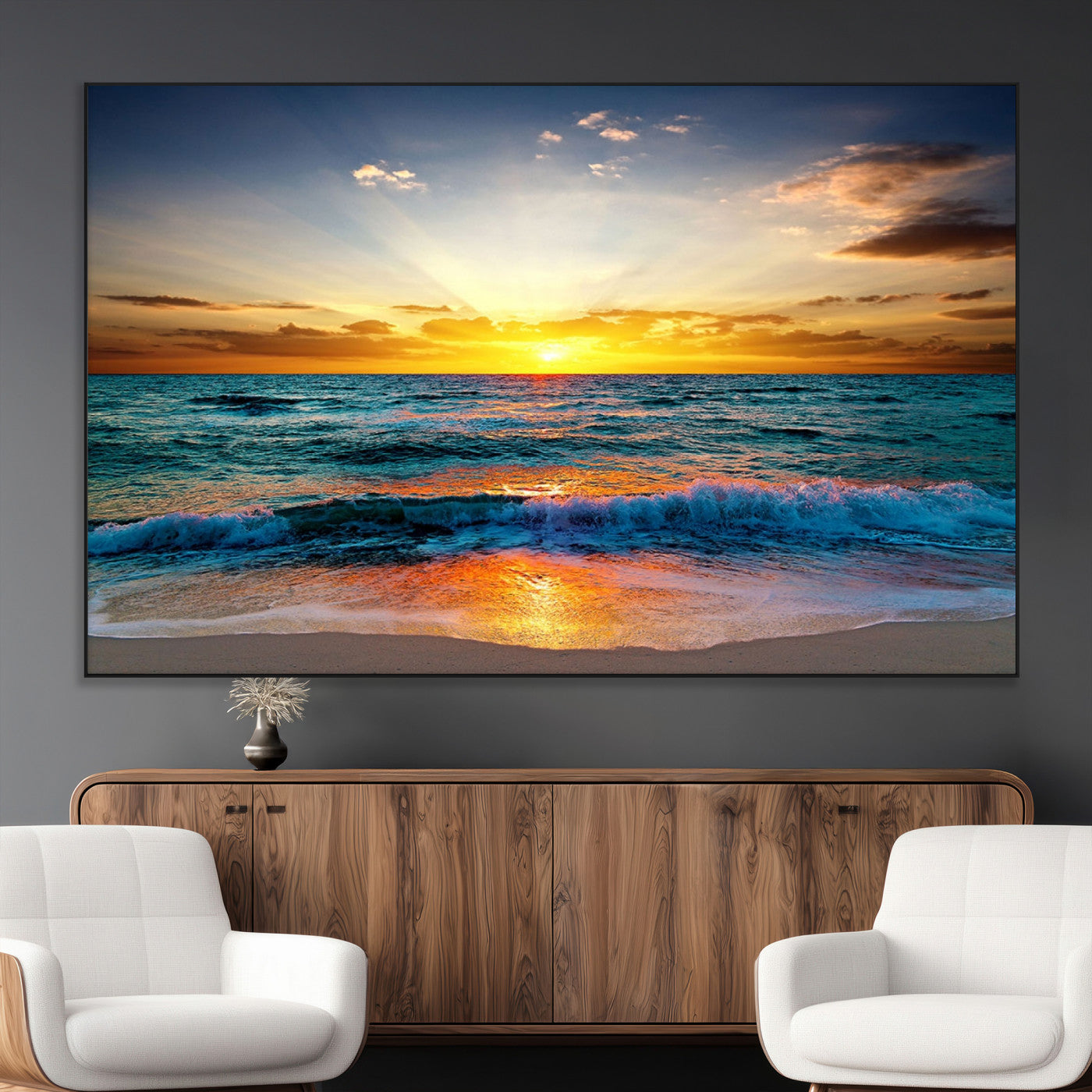 -Vibrant Ocean Sunrise Over Golden Beach Waves, Giclee Canvas Wall Art Set, High-Quality Stretched