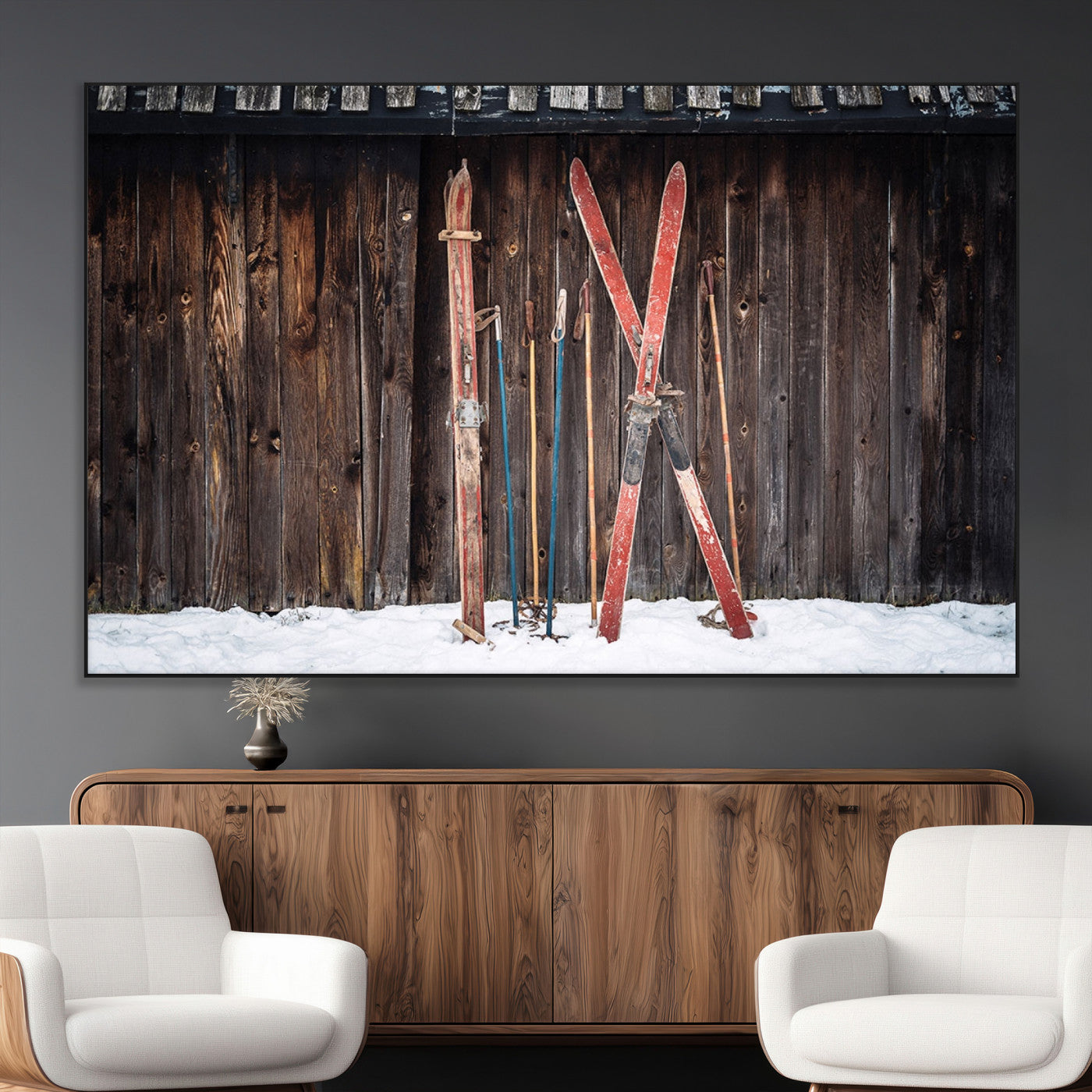 SEG-FC-51X34_Oversize - Vintage Ski Gear Canvas Print, Vintage Ski Gear Against Wooden Cabin Wall, Rustic Winter Sports