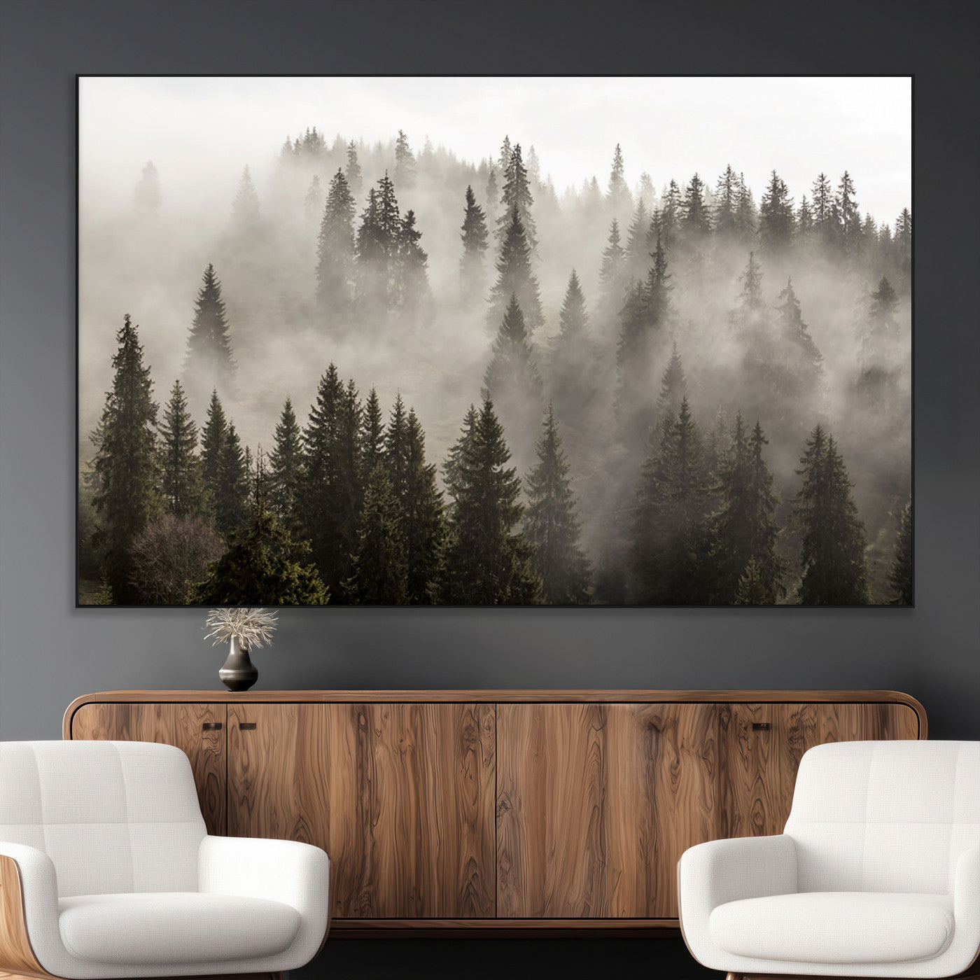 SEG-FC-51X34_Oversize - Foggy Mountain Wall Art | 3-Panel Foggy Forest and Mountain Landscape | Large Giclee Print for