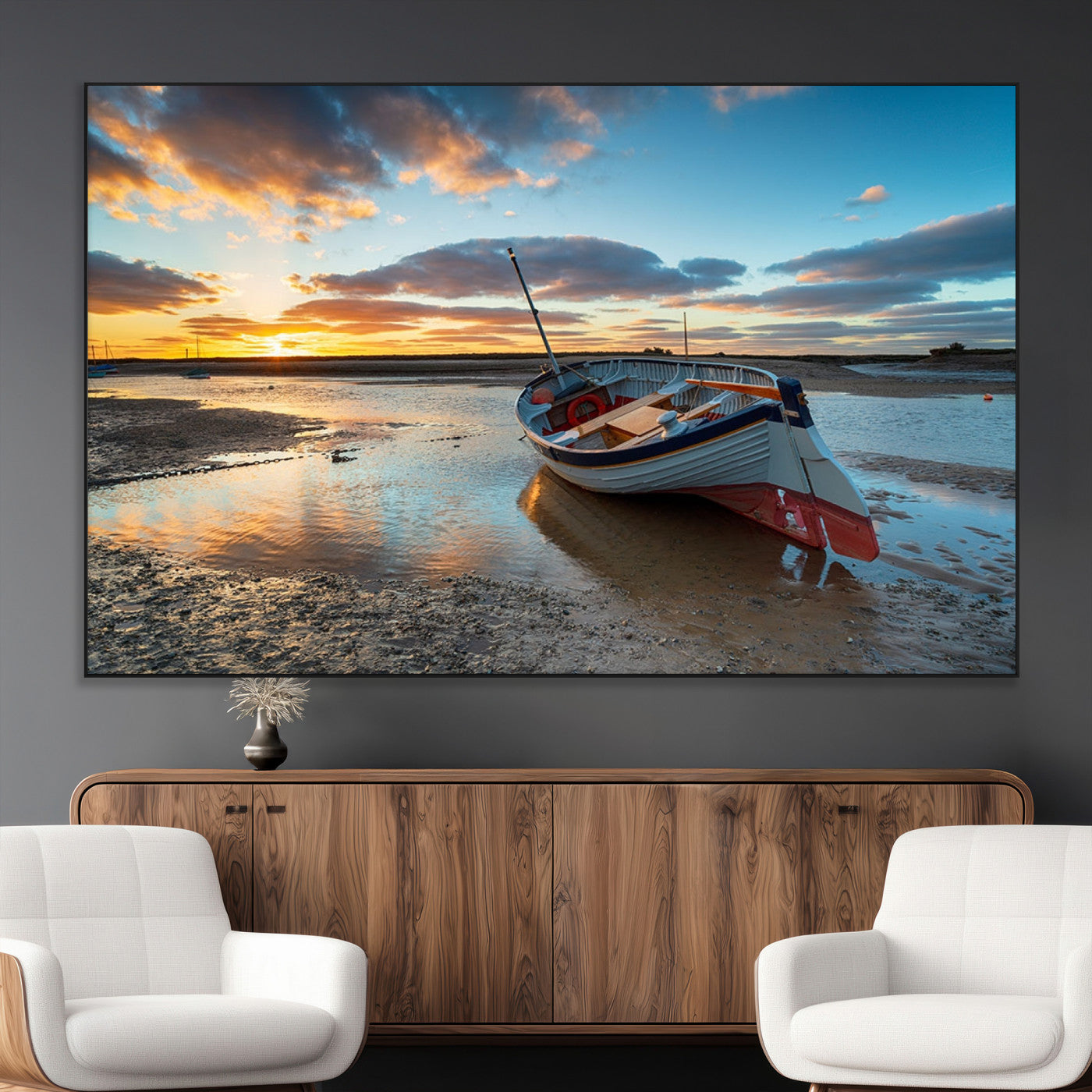 SEG-FC-51X34_Oversize - Small Boat At The Beach Sunset Wall Art, Boat Sunset Wall Art Canvas Print