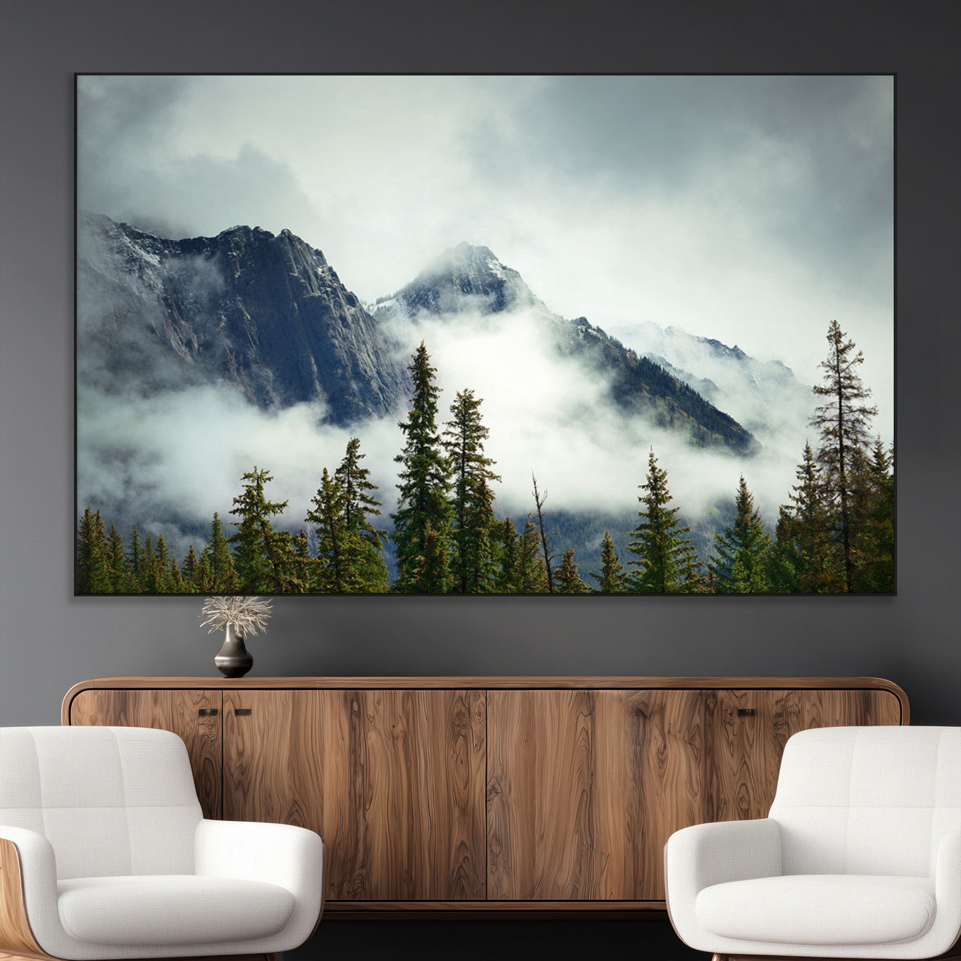 SEG-FC-51X34_Oversize - Mountain Mist Canvas Wall Art Print | 3-Panel Foggy Forest and Mountain Landscape | Large Giclee