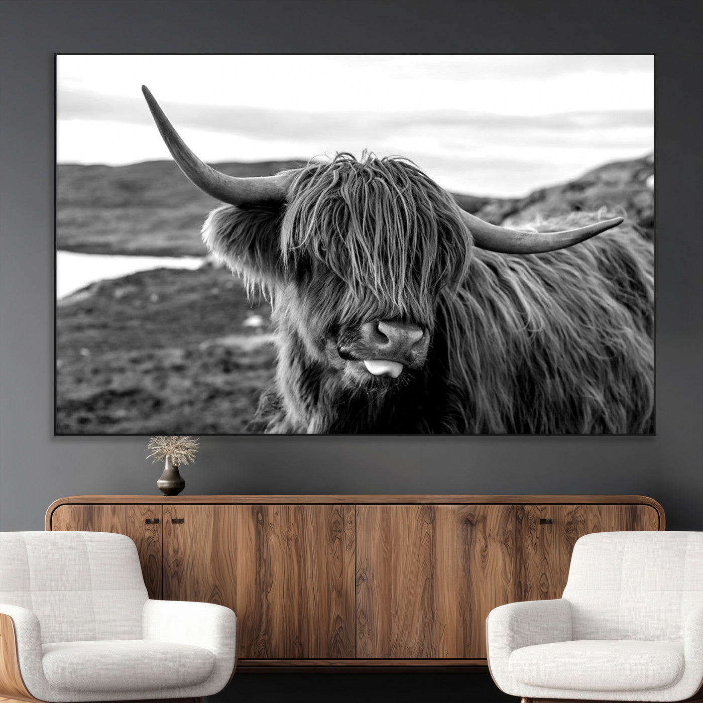 SEG-FC-51X34_Oversize - Longhorn Steer Canvas Print Wall Art, Highland Cow Canvas Wall Art – Black and White Animal Portrait
