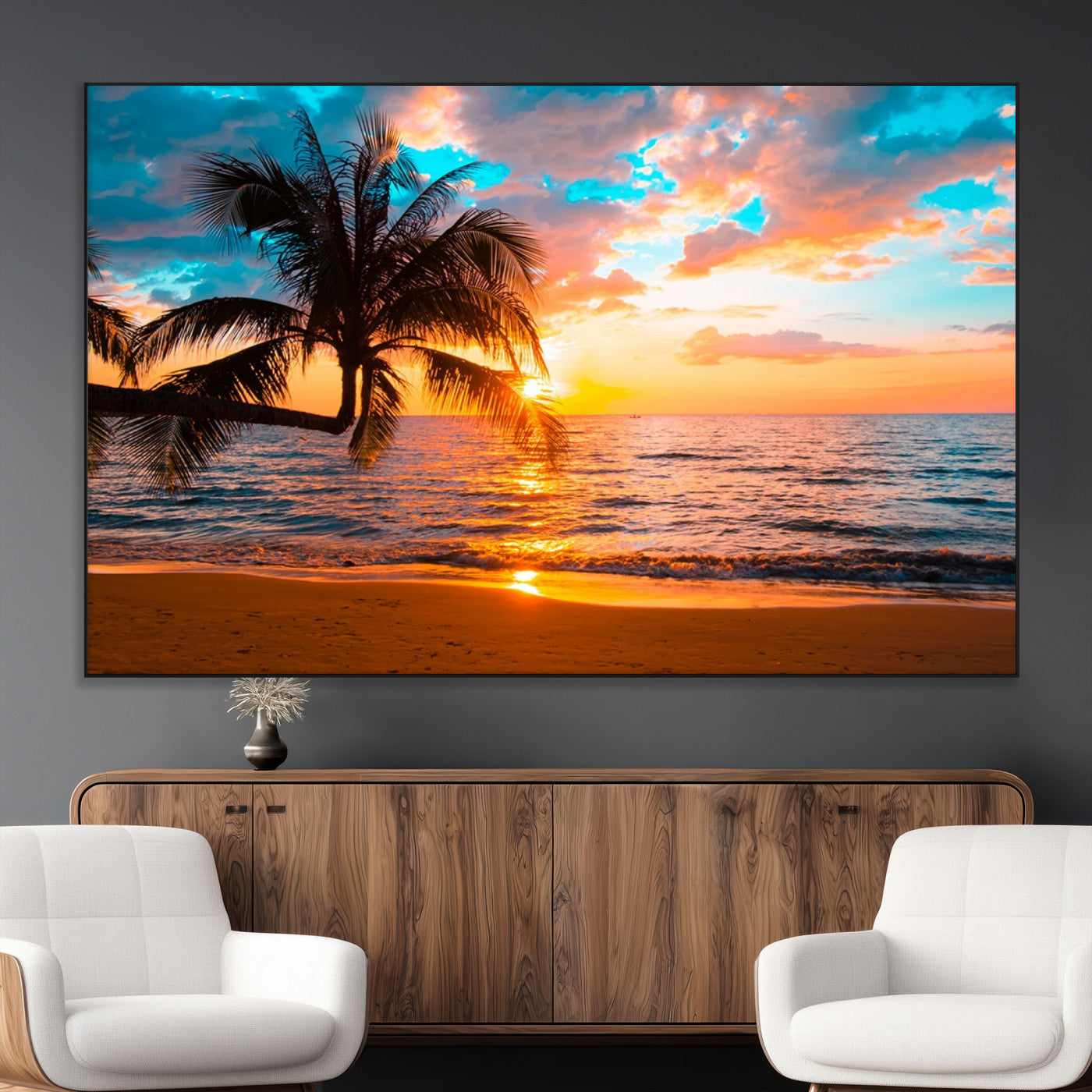 -Palm Tree Sunset On The Beach Wall Art Canvas, Framed Palm Tree Sunset Canvas Print