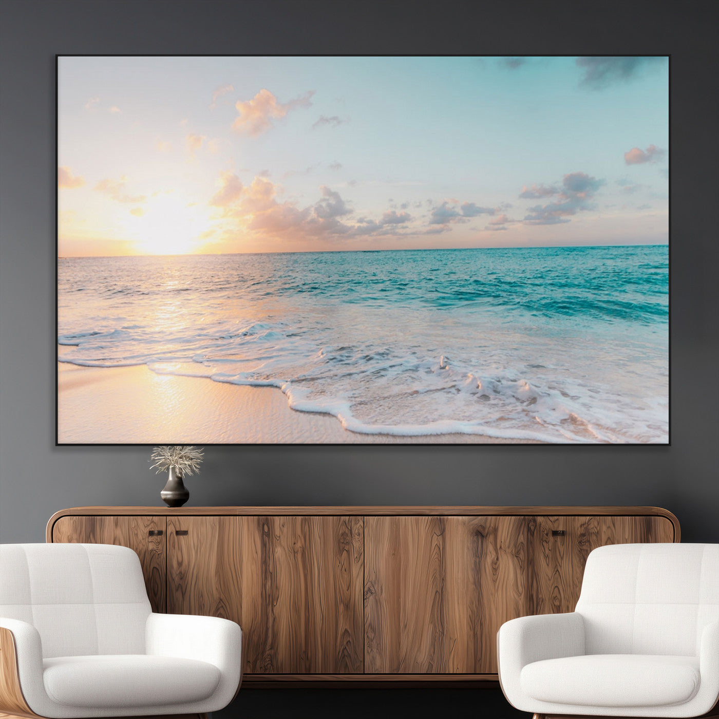 SEG-FC-51X34_Oversize - Tranquil Ocean Beach Sunset Canvas Wall Art | 3-Panel Coastal Decor