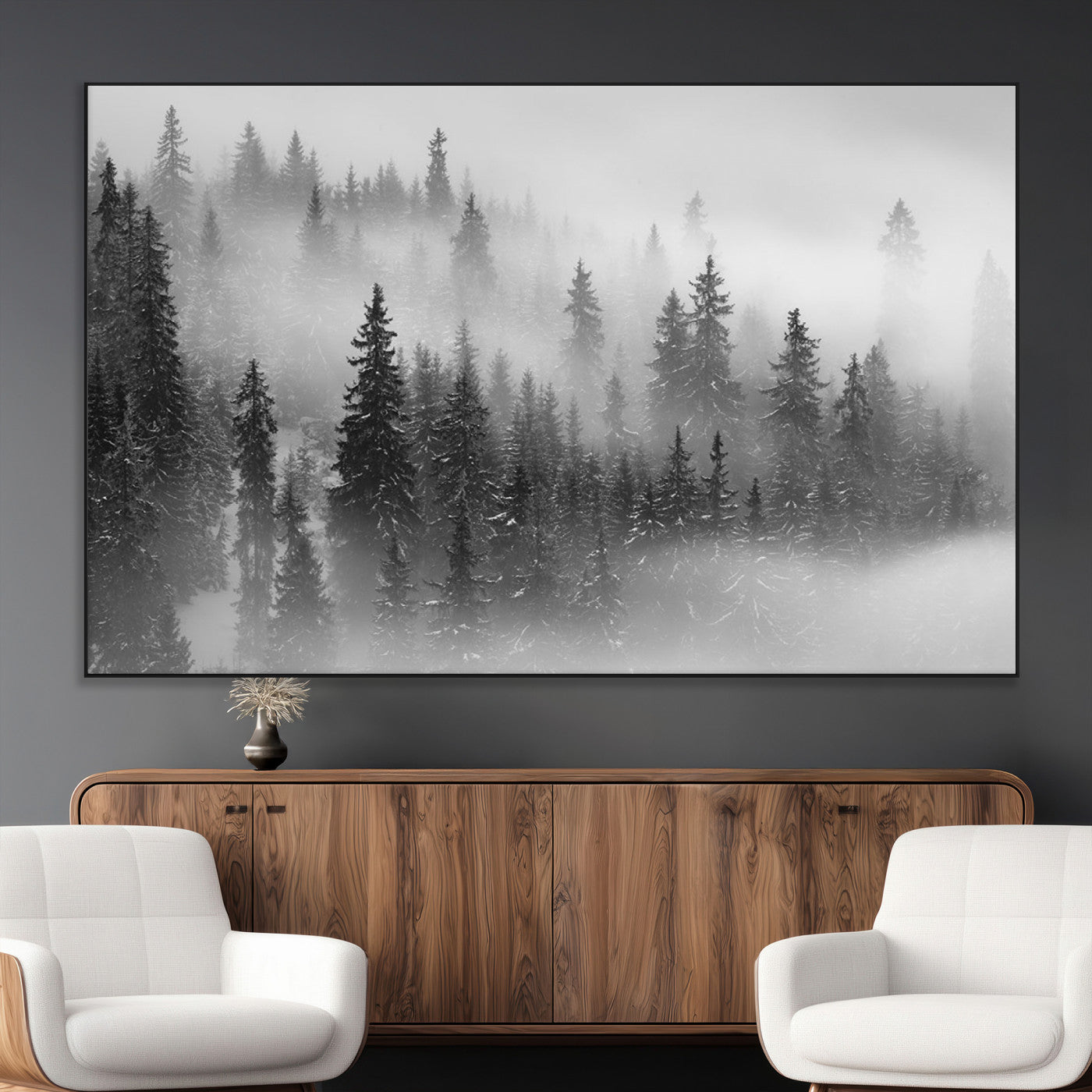 SEG-FC-51X34_Oversize - Black and White Forest Wall Art Print – Misty Pine Tree Canvas Print – Winter Woodland Nature Artwork – Perfect for Minimalist Home Decor