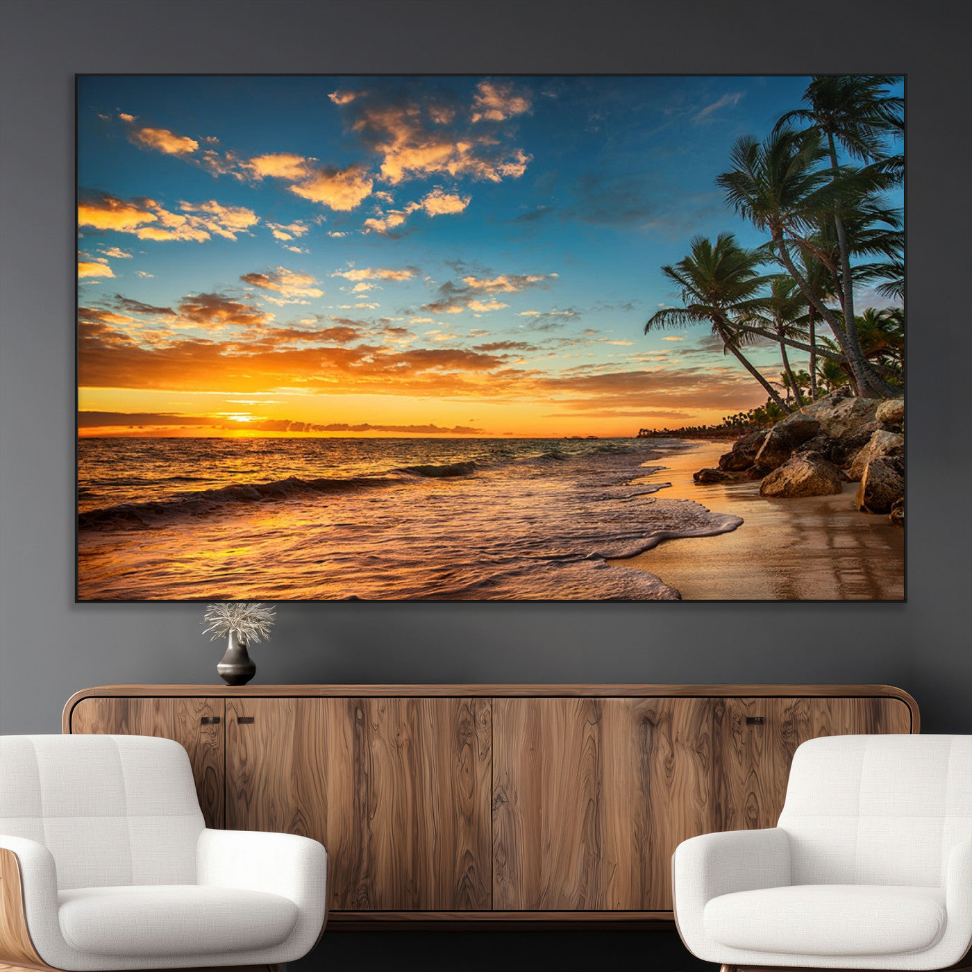 SEG-FC-51X34_Oversize - Tropical Beach Sunset Wall Art Print – Palm Tree Coastal Canvas Print – Ocean Seascape Artwork – Perfect for Tropical Modern Home Decor