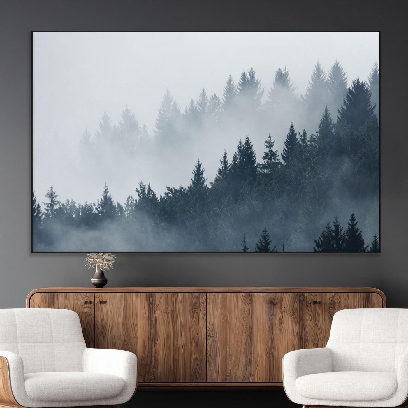 SEG-FC-51X34_Oversize - Misty Forest Wall Art Print – Foggy Pine Tree Canvas Print – Dark Woodland Nature Artwork – Perfect for Minimalist and Modern Home Decor