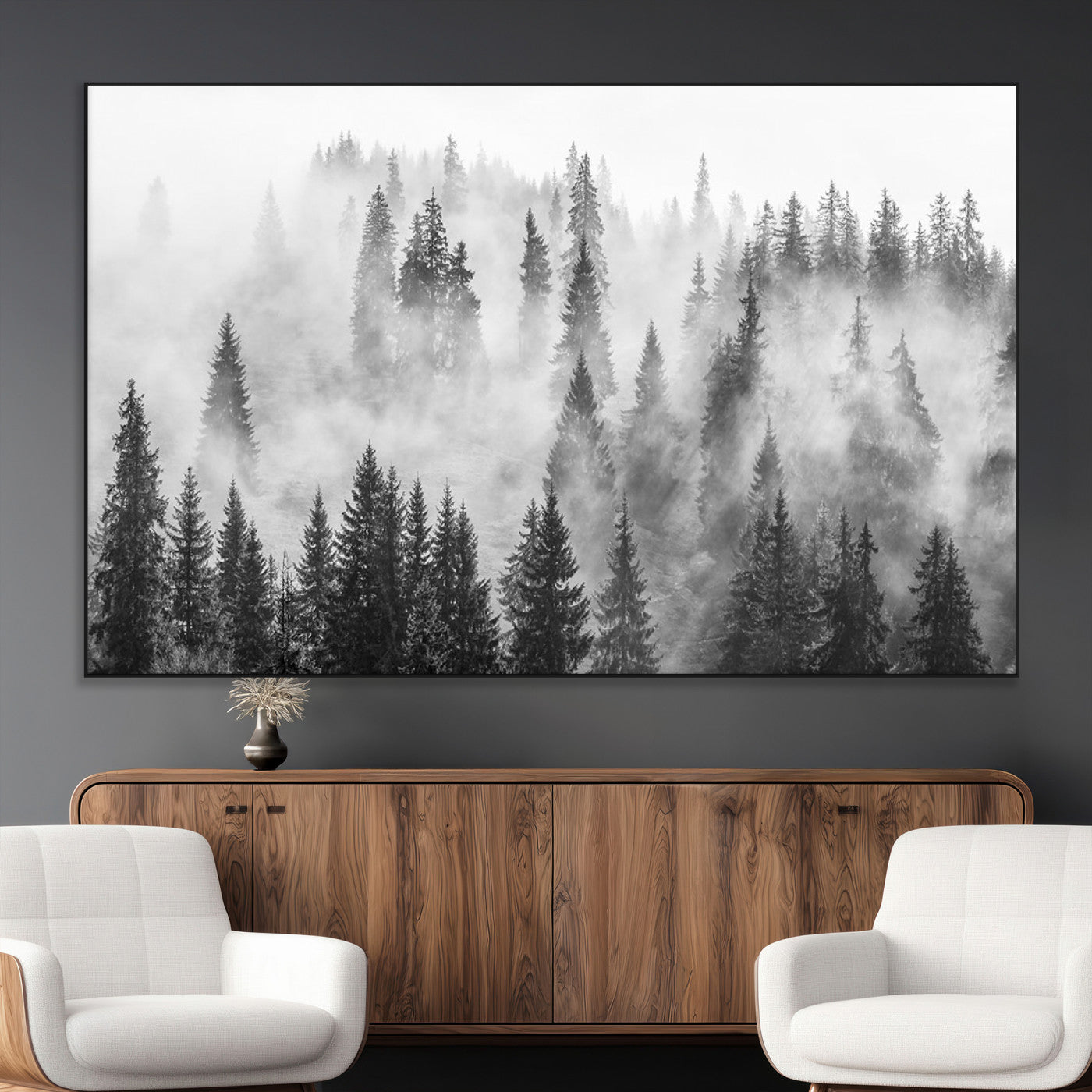 SEG-FC-51X34_Oversize - Forest Wall Art Print | Foggy Pine Forest Canvas Wall Art - Black and White Nature-Inspired Decor for Living Room, Modern Forest Landscape Print, Ready to Hang