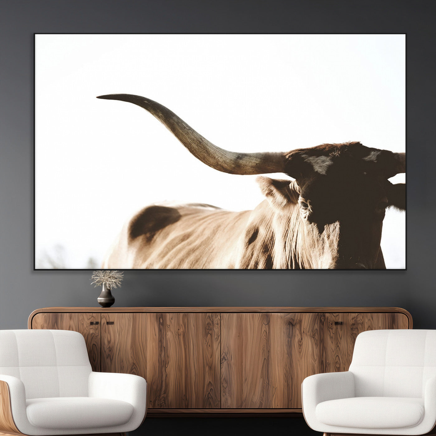SEG-FC-51X34_Oversize - Texas Longhorn Wall Art Canvas Print | 3-Panel Large Longhorn Canvas Print for Living Room, Framed