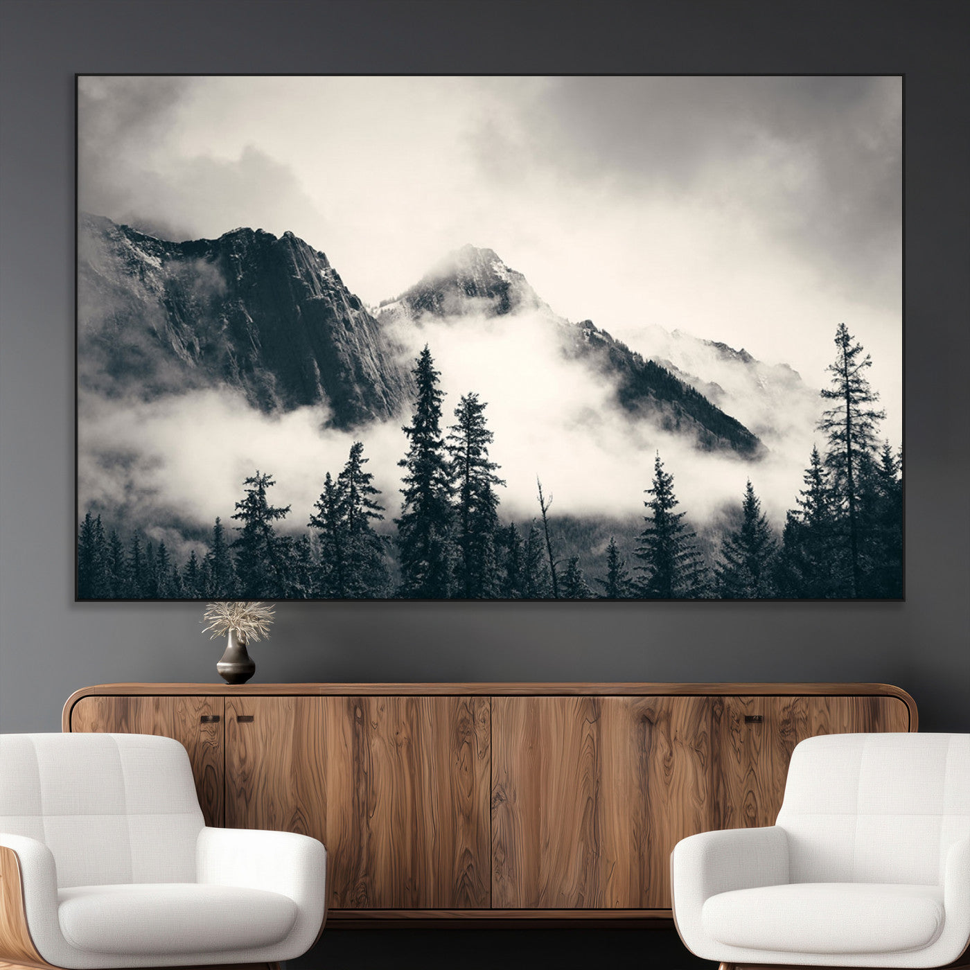 SEG-FC-51X34_Oversize - Forest Mountain Print - Black and White Canvas Wall Art with Misty Forest Design for Elegant and