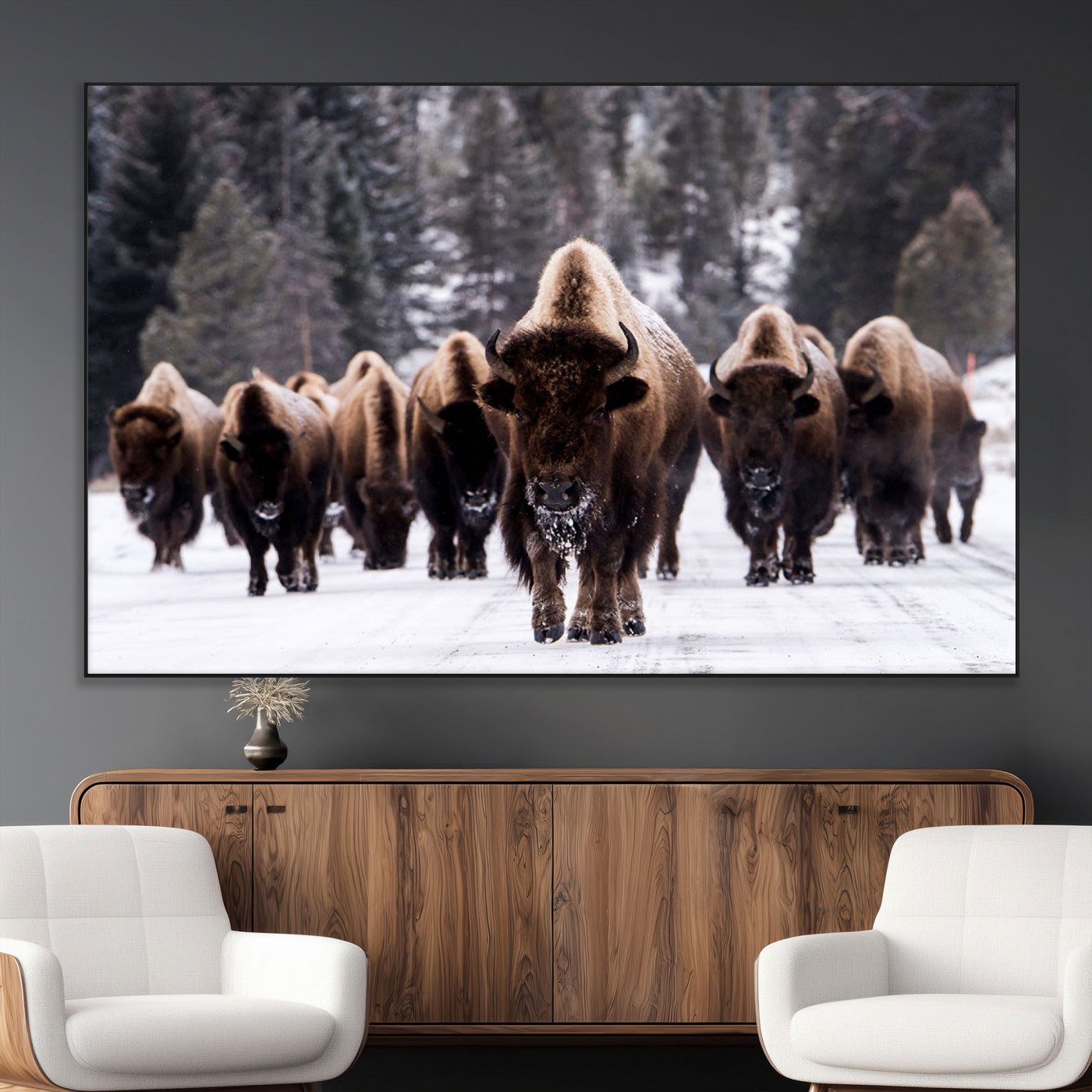 SEG-FC-51X34_Oversize - Bison Wall Art Canvas Print- Bison Herd Canvas Wall Art – Majestic Wildlife Photography – Framed and