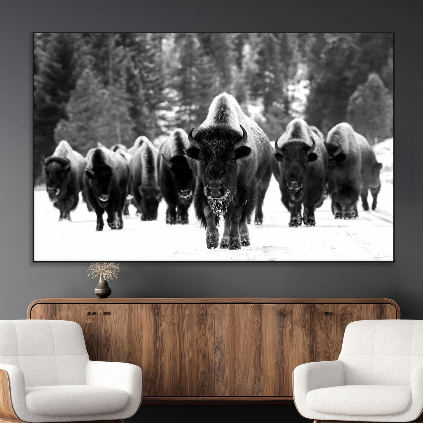 62434-MGV-CV-36X24-Bison Herd in Snow Wall Art Canvas Print | Rustic Western Bison Wall Art for Decor for Living Room,