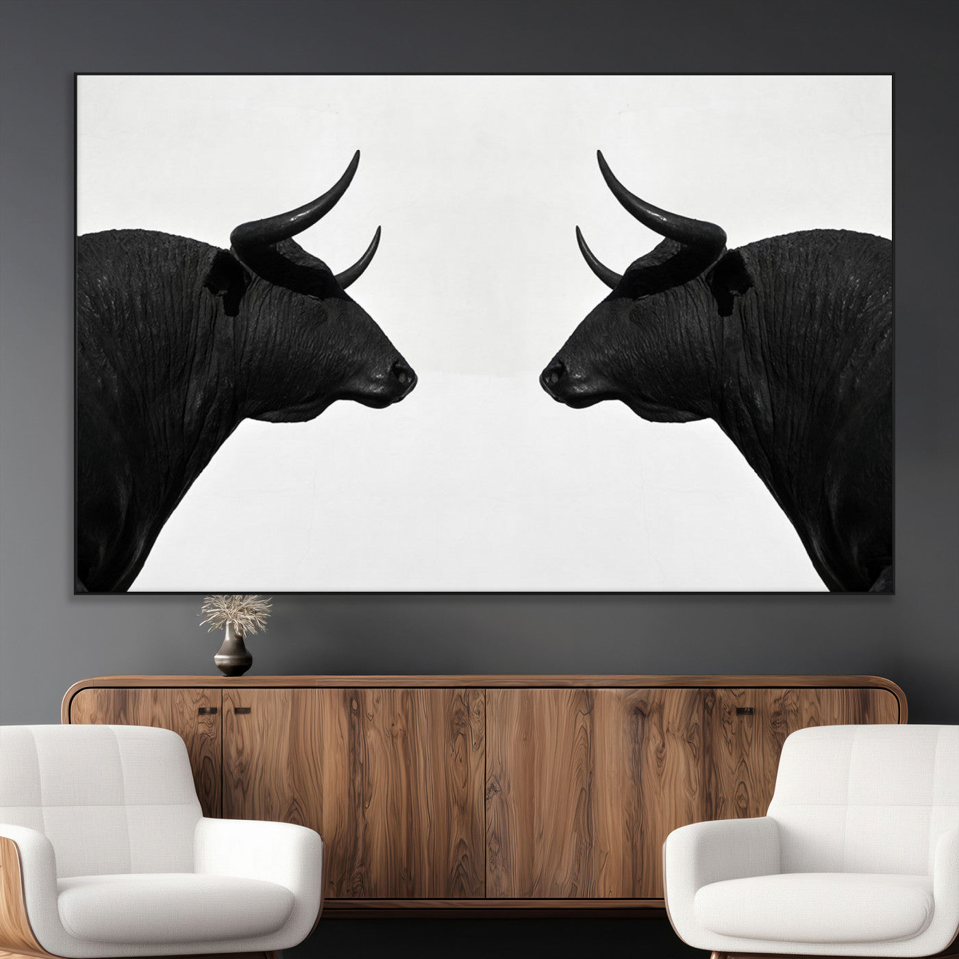 -Spanish Bull Art - Framed Black and White Bull Canvas Print for Modern Rustic Home or Office Decor