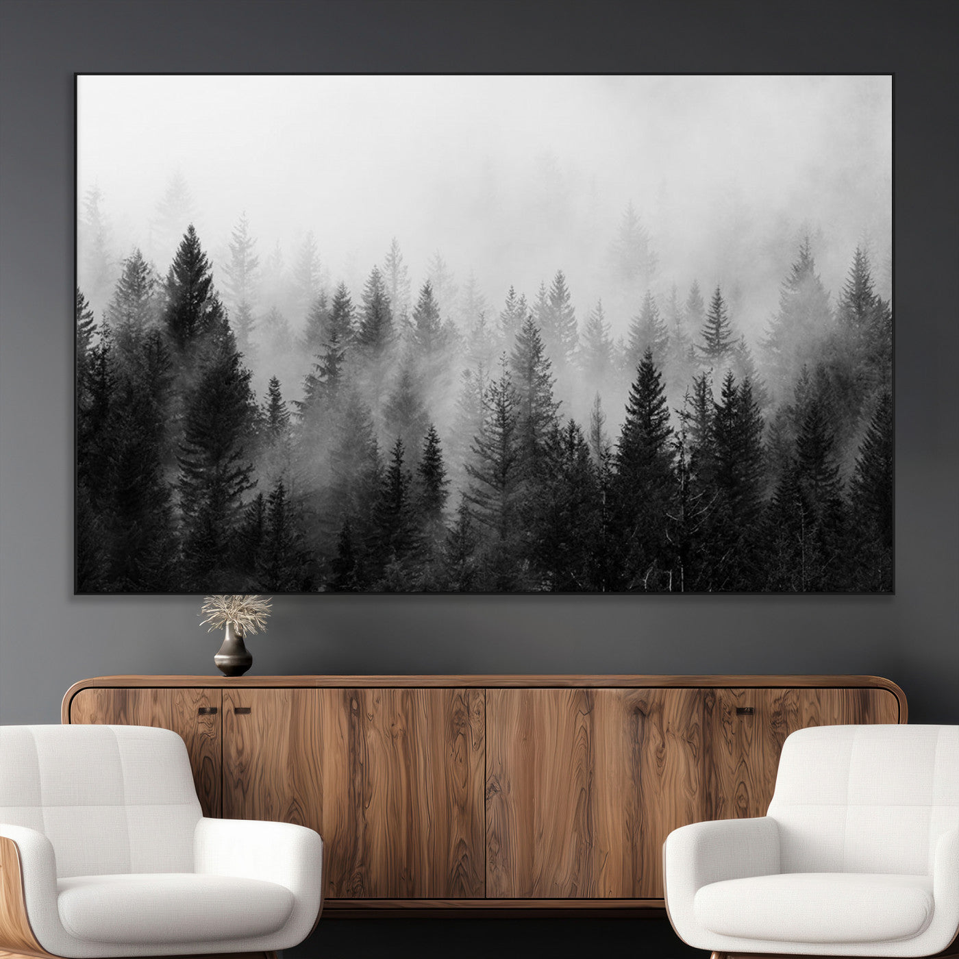 SEG-FC-51X34_Oversize - Fogy Forest Canvas Wall Art Print - Mountain Wall Art with Pine Trees and Misty Forest Canvas Print