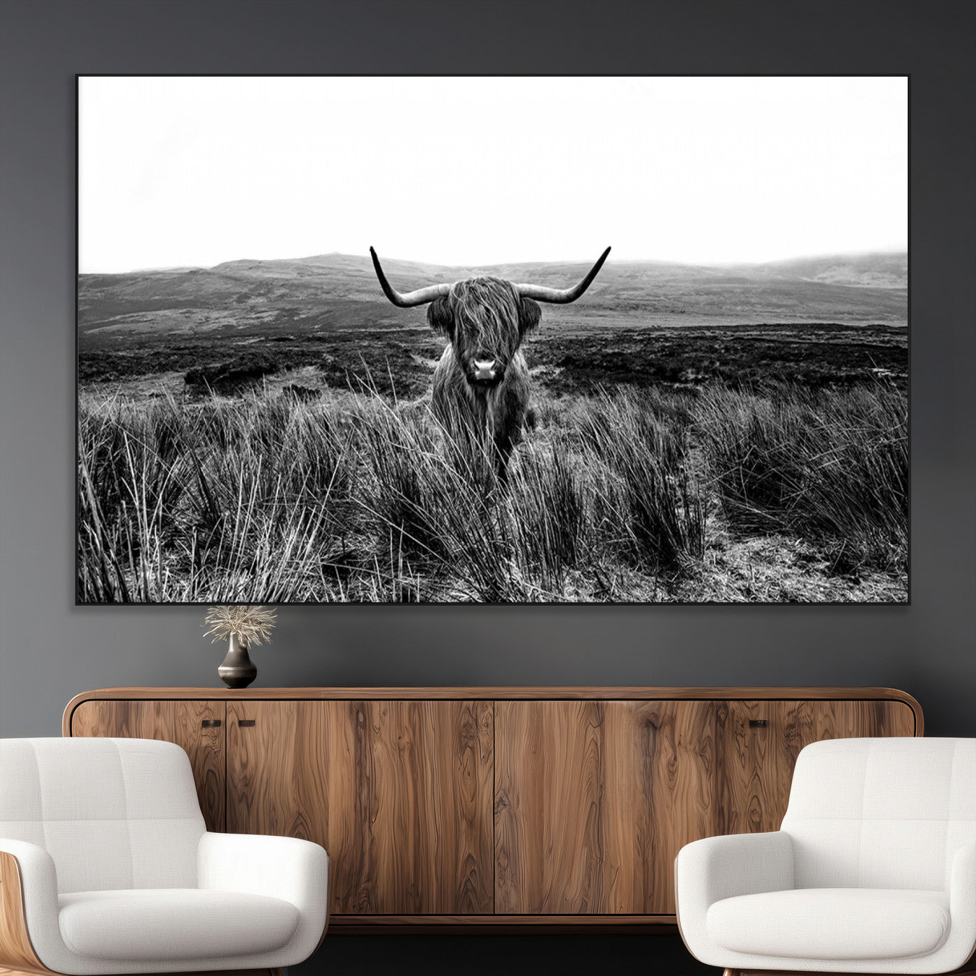 SEG-FC-51X34_Oversize - Black and White Highland Cow Canvas Wall Art, Longhorn Triptych Western Wall Decor for Cabin -