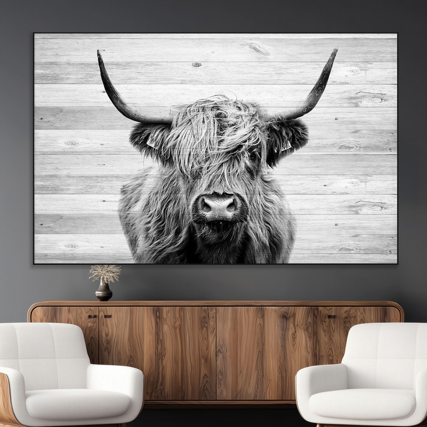 SEG-FC-51X34_Oversize - Scottish Highland Cow Cattle Art Print on Wood Background Style, Scottish Highland Cow Wall Art