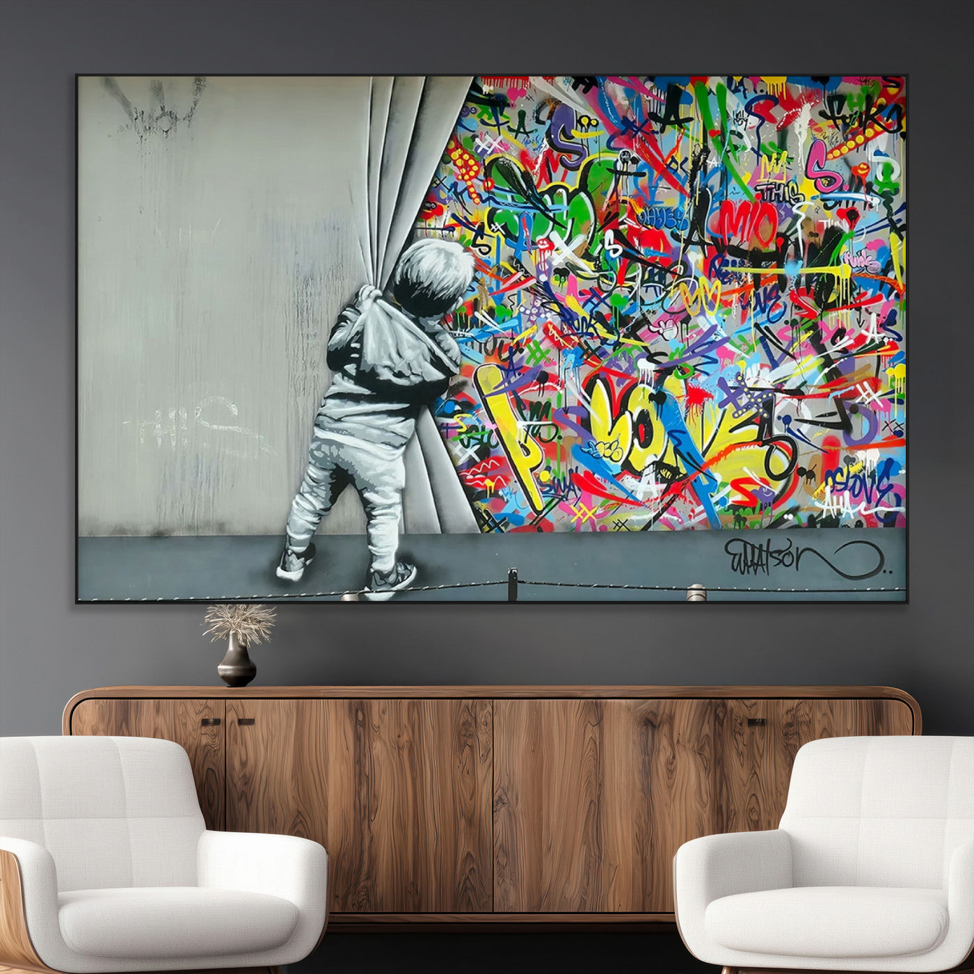 SEG-FC-51X34_Oversize - Banksy Colorful Street Graffiti Canvas Wall Art Print, Modern Art Triptych, Child and Graffiti Wall,