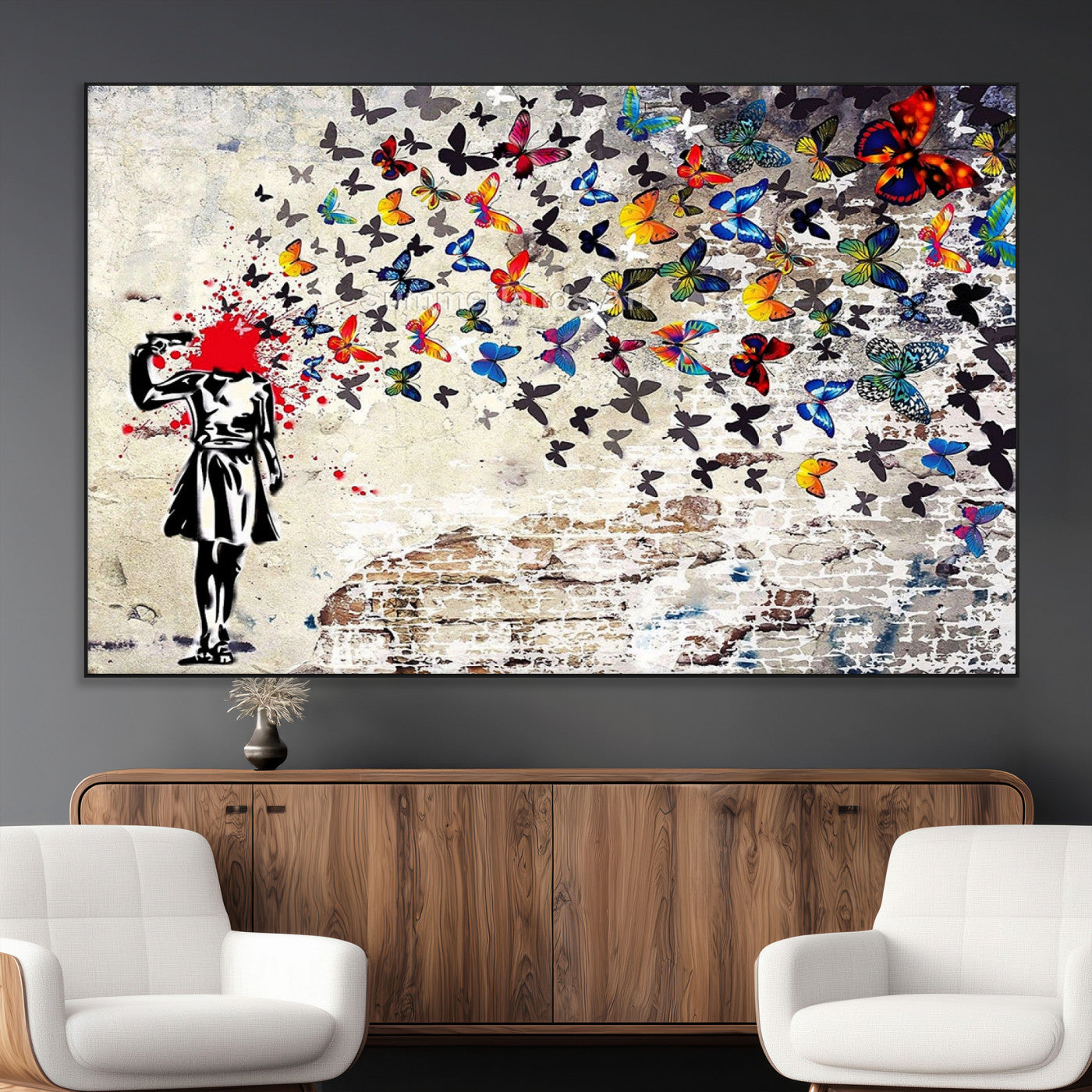 SEG-FC-51X34_Oversize - Banksy Art Butterfly Girl Explosion Canvas Art – Vibrant Urban Graffiti for Modern Interiors - Ready