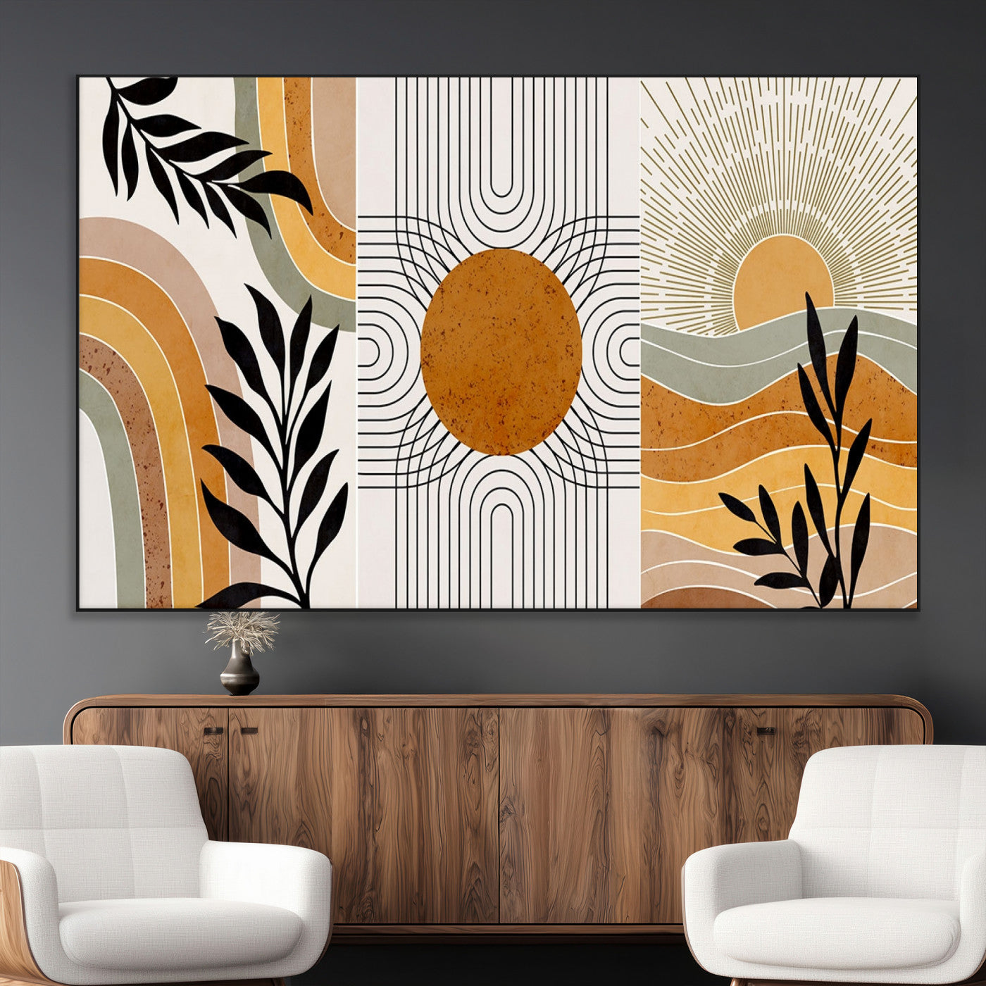 SEG-FC-51X34_Oversize - Modern Boho Sun and Leaf Abstract Art – 3-Panel Giclée Canvas for Mid-Century Modern or Bohemian