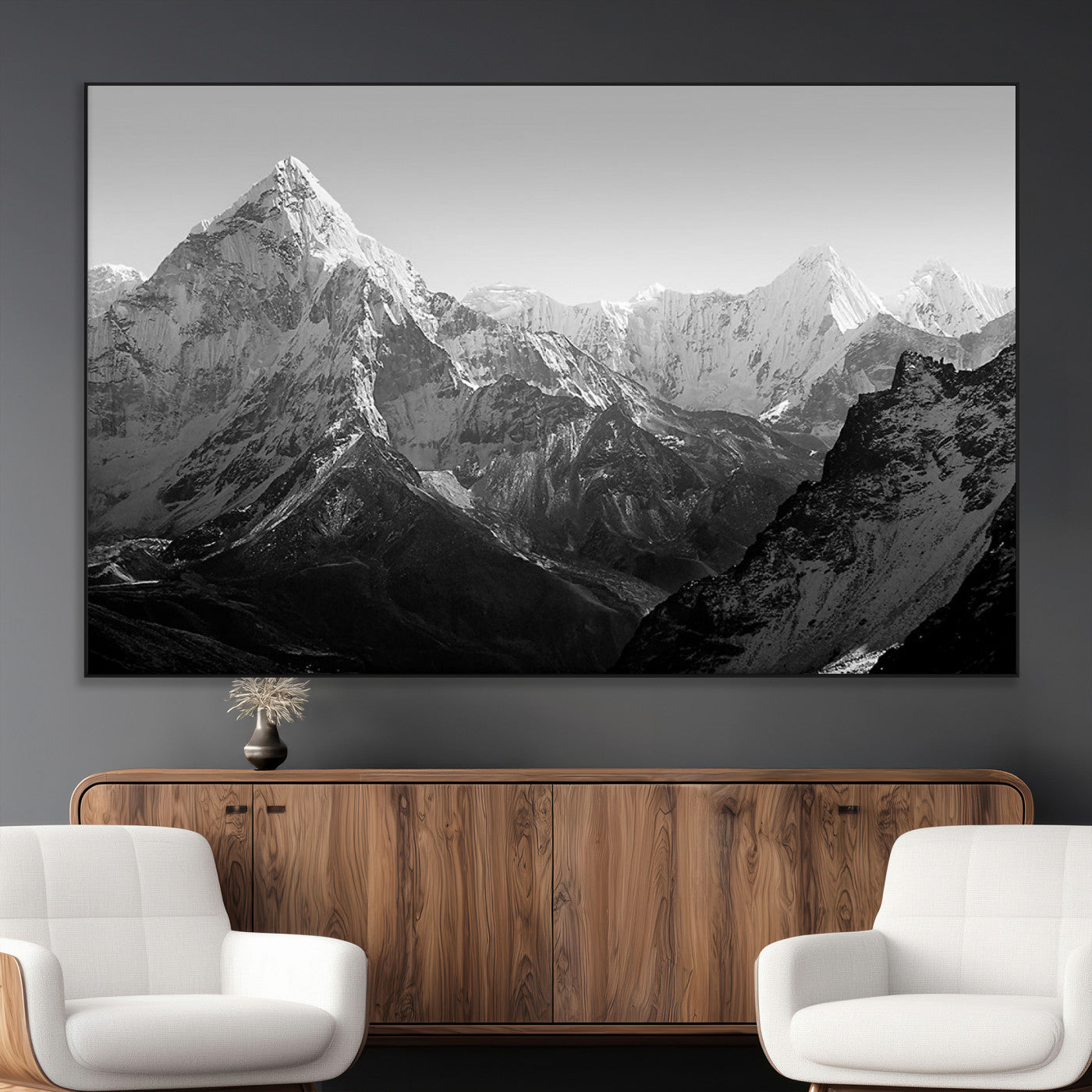 SEG-FC-51X34_Oversize - Everest Himalaya Mountain Peaks Black & White Triptych Canvas Art – Mountain Wall Decor, Everest