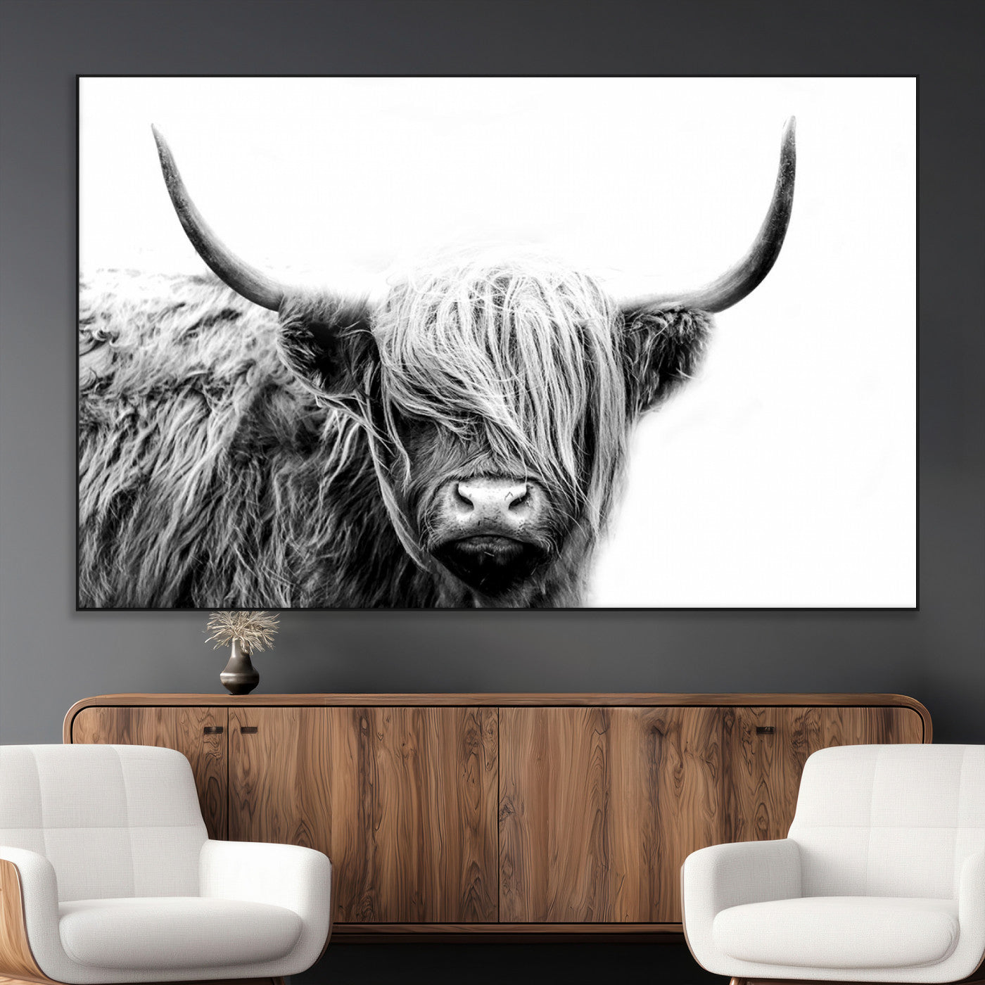SEG-FC-51X34_Oversize - Black White Scottish Highland Cow Cattle Art Print Farmhouse Wall Art Canvas Print