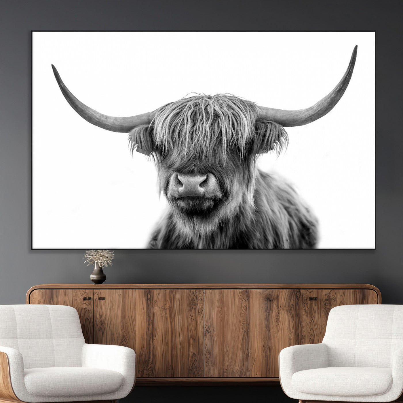 SEG-FC-51X34_Oversize - Grayscale Scottish Highland Cow Cattle Art Print Farmhouse Wall Art Canvas Print