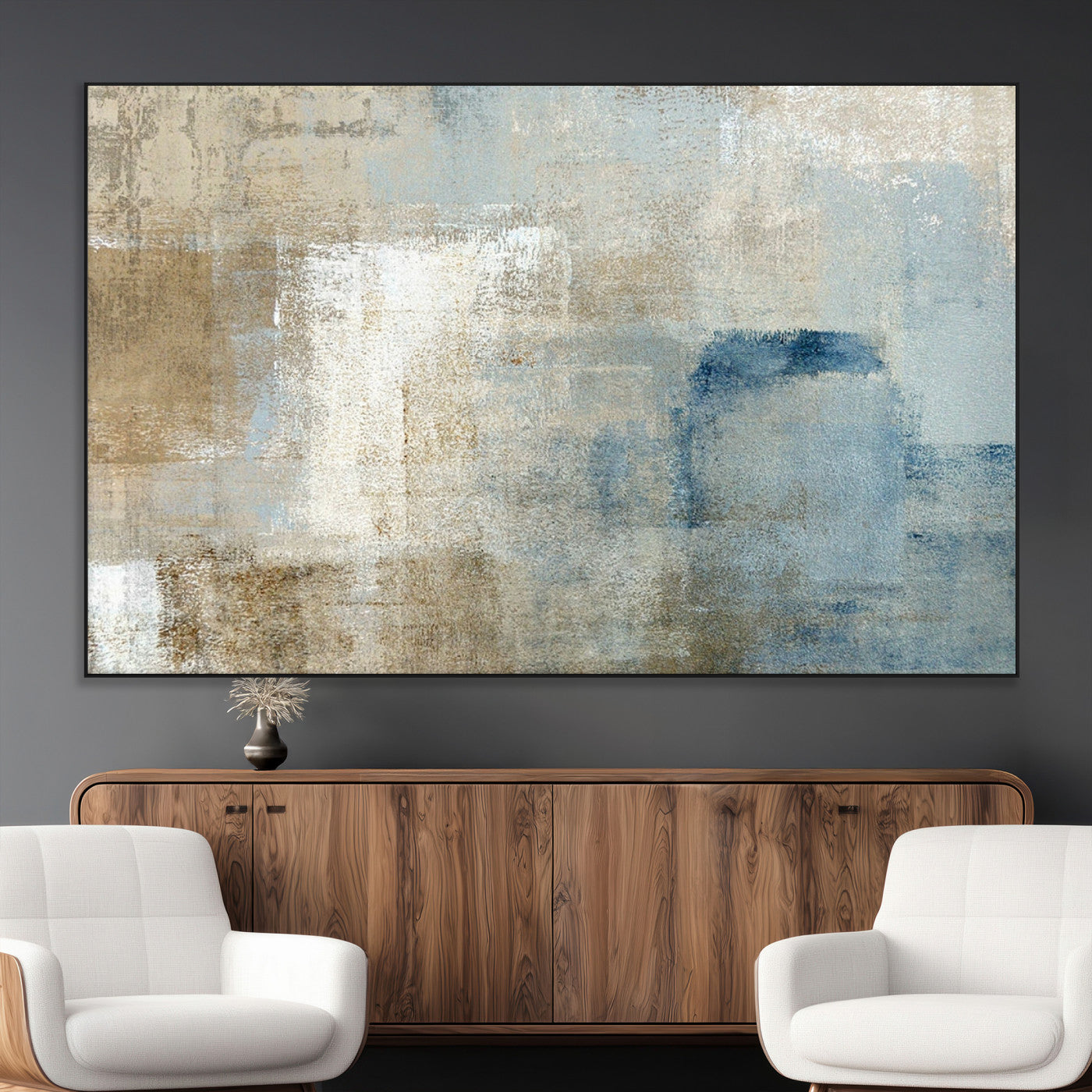 SEG-FC-51X34_Oversize - Abstract Blue and Beige Wall Art, Modern Minimalist Canvas Print Set, Giclee Textured Art, Large