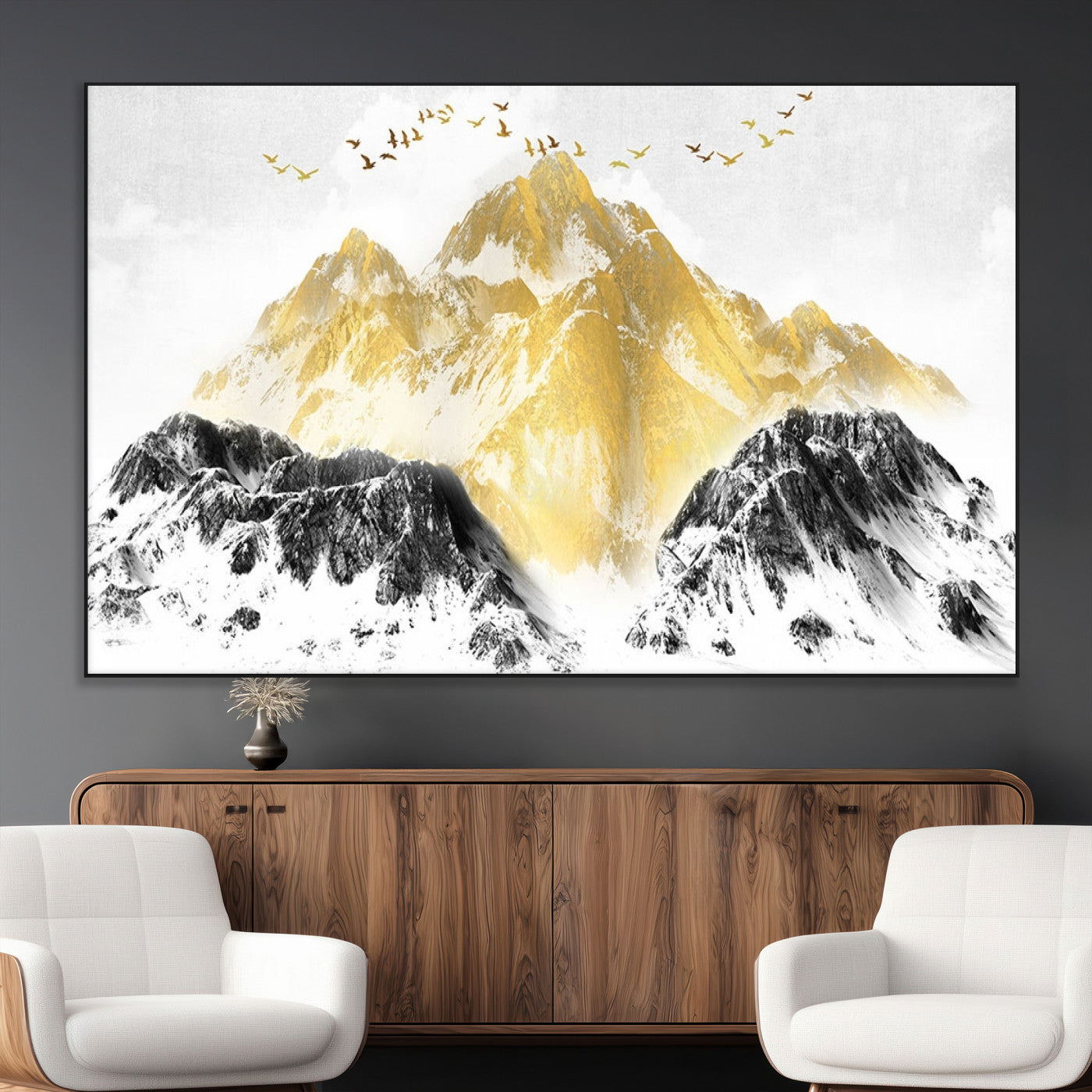 -Golden Mountain Triptych Wall Art Canvas Print, Modern Giclee Canvas Print, Nature Landscape Decor