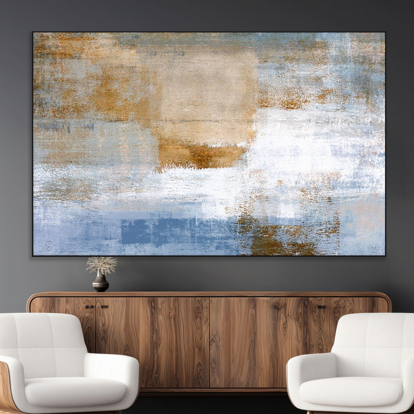 SEG-FC-51X34_Oversize - Blue Multi Panel Abstract Wall Art Canvas, Abstract Blue and Gold Canvas Print