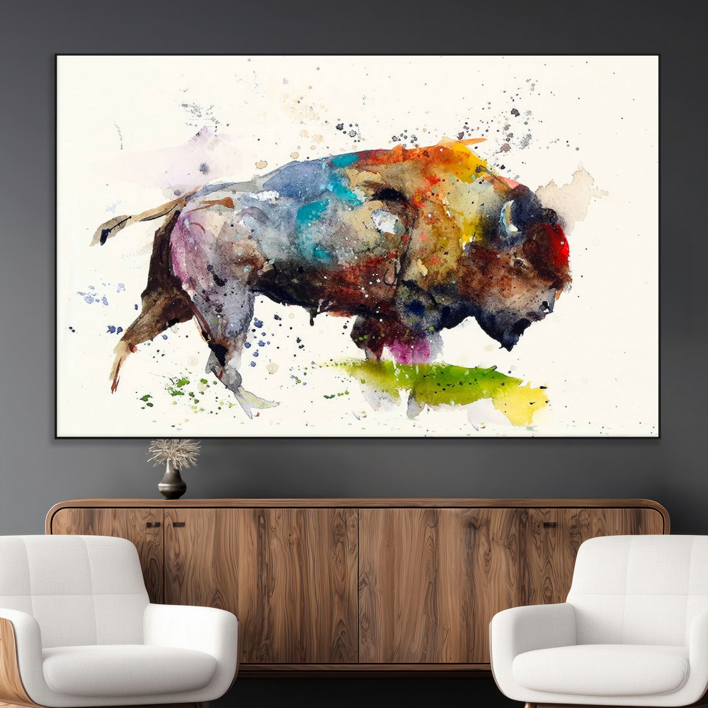 SEG-FC-51X34_Oversize - Abstract Buffalo Wall Art, Western Watercolor Bison Canvas Print, Rustic Buffalo Art for Cowboy and