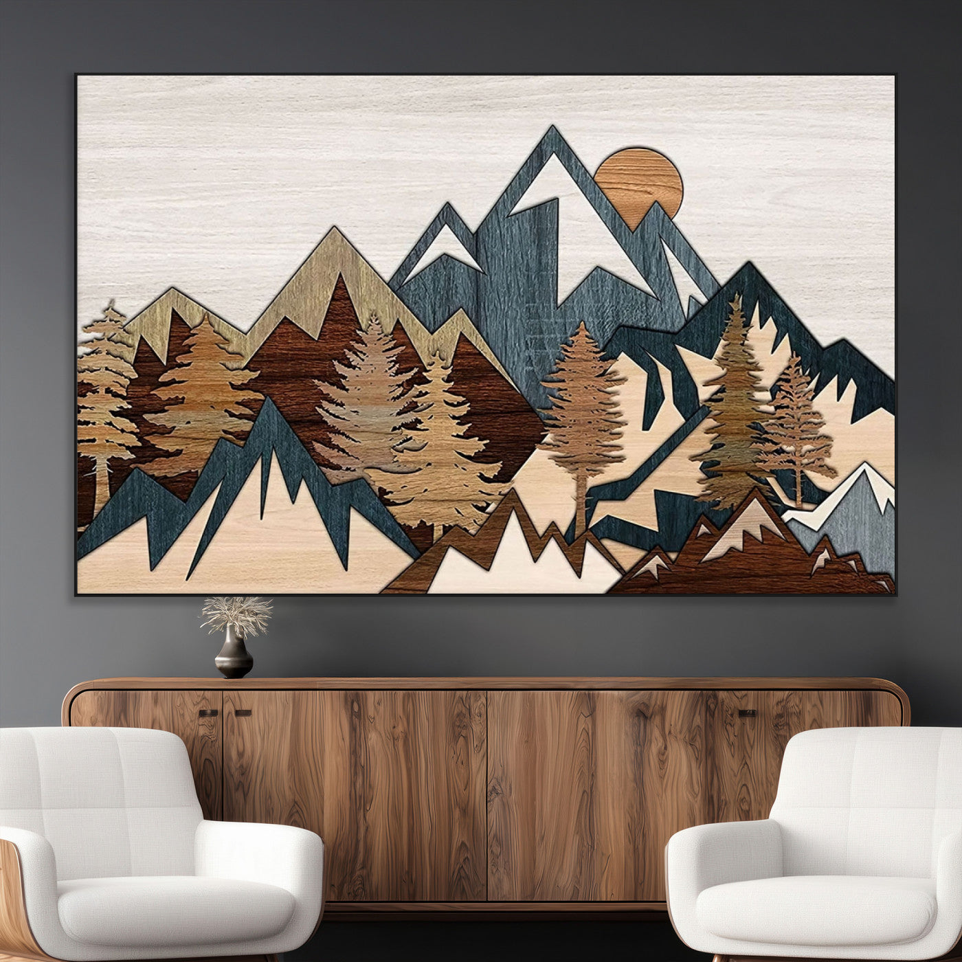 SEG-FC-51X34_Oversize - Rustic Abstract Wood Panel Effect Canvas Mountain Range Top Wood Wall Art Canvas Print