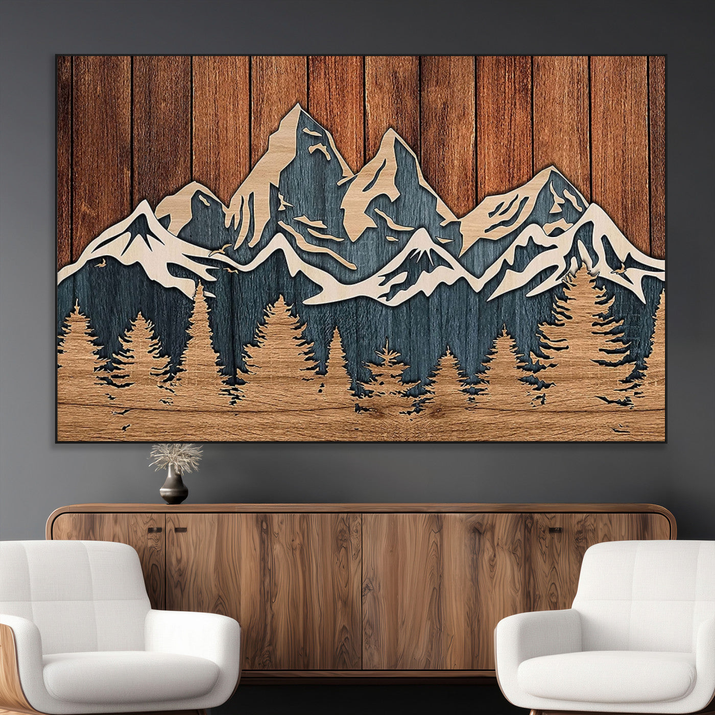 SEG-FC-51X34_Oversize - Rustic Wood Style Mountain Wall Art, Nature Forest Canvas Print, Wooden Textured Mountain Artwork,