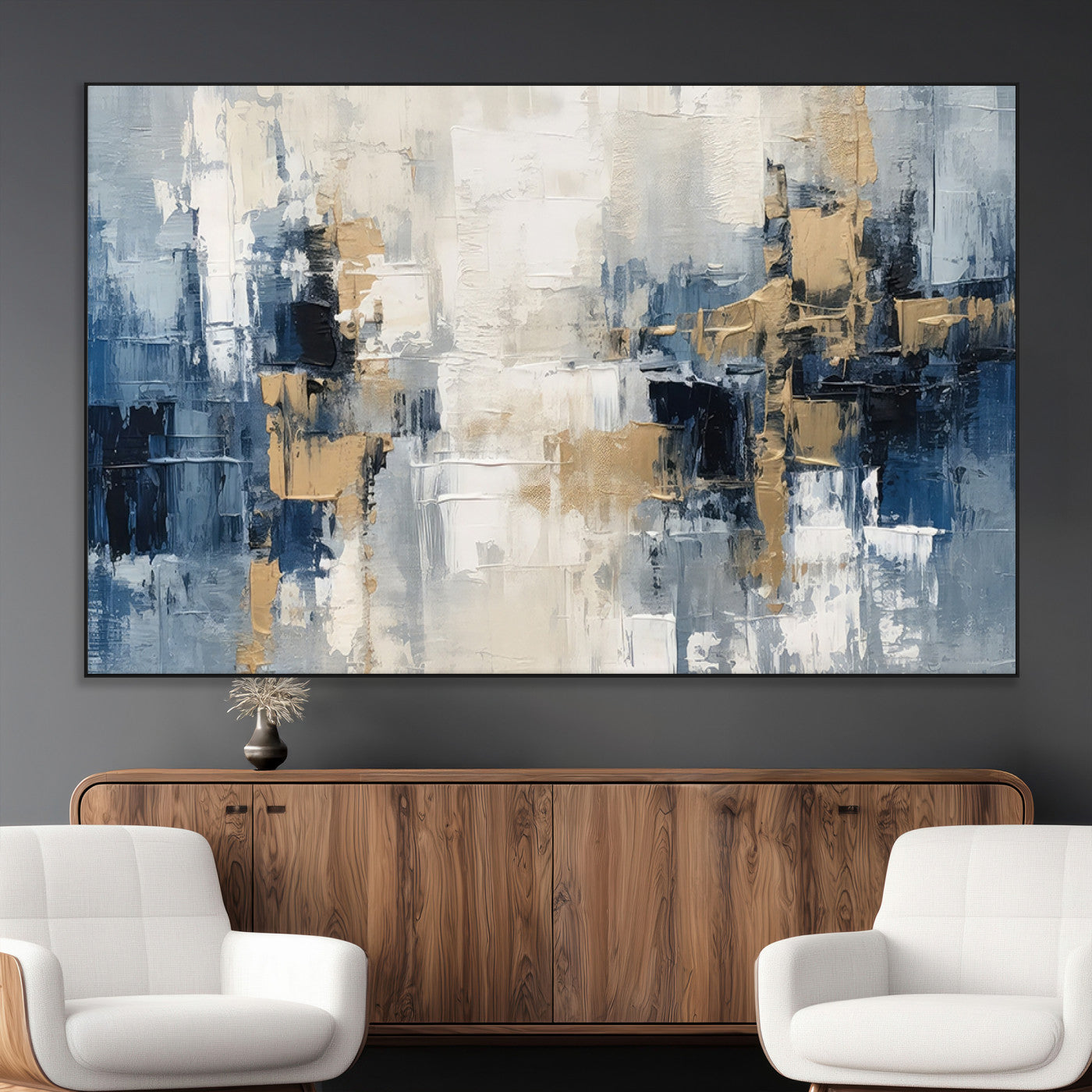 -Modern Abstract Canvas Wall Art in Blue and Gold Tones | Large Contemporary Art for Living Room,